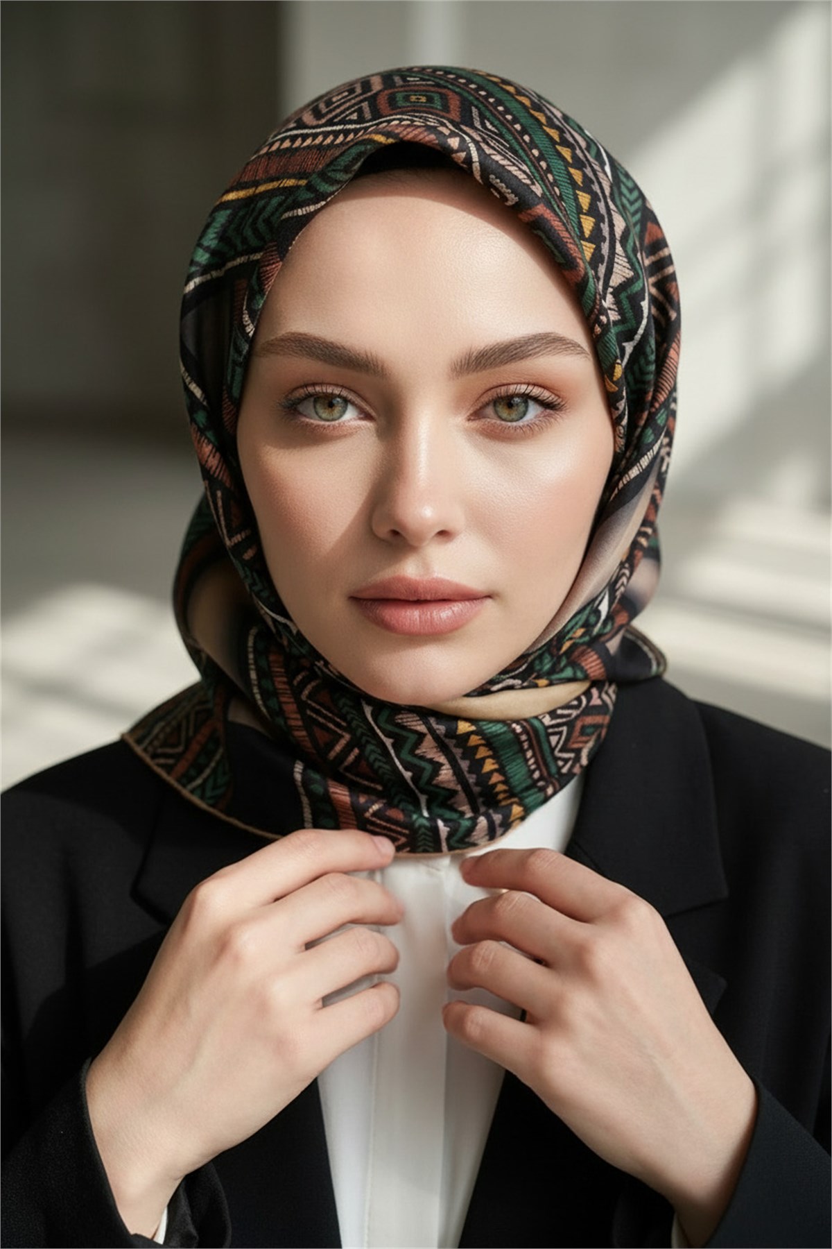 %100 Twill İpek Eşarp 90x90 Bej Zümrüt Yeşili Etnik Desenli El Dikişli Kadın Eşarp
