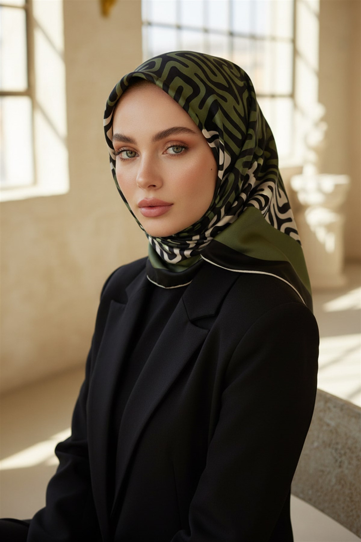 100% Twill İpek Bordürlü Dalga Desenli Siyah - Haki Renkli 90x90 Dikim Şekli : El Dikişi Eşarp