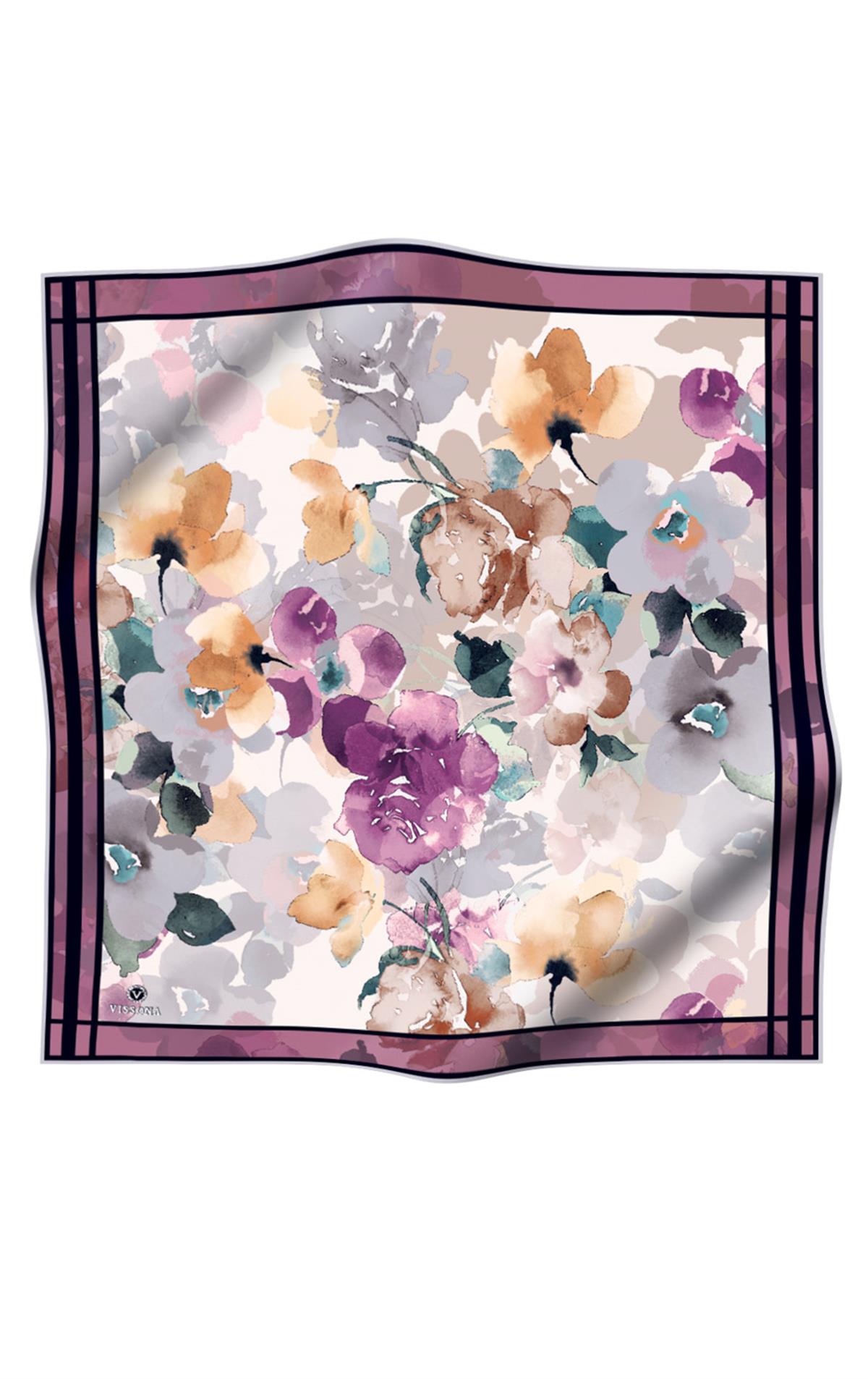 %100 Twill İpek Sulu Boyalı Çiçek Desenli Mor - Vizon Renkli 90x90 Eşarp Dikim Şekli : El Dikişi
