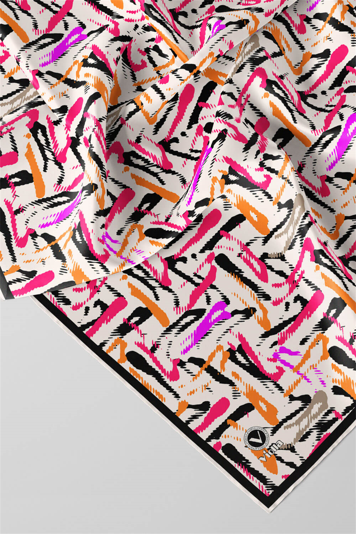 Twill Geometrik Desenli Pembe - Turuncu Renkli 90x90 Eşarp (İpek İçermez) Dikim Şekli : El Dikişi