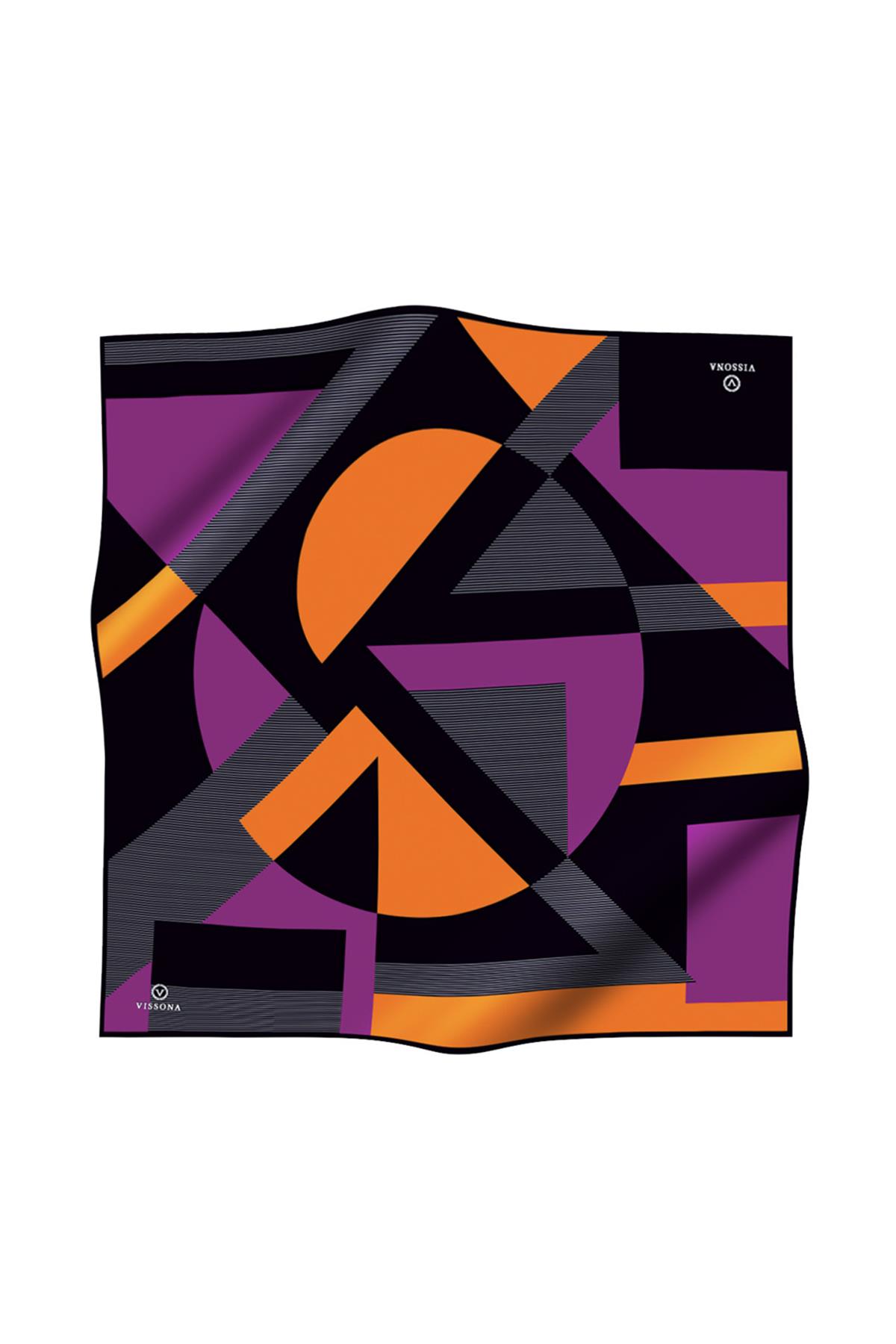 %100 Twill İpek Geometrik Çizgi Desenli Fuşya - Turuncu Renkli 90x90 Eşarp Kenar Dikiş Şekli El Dikişli