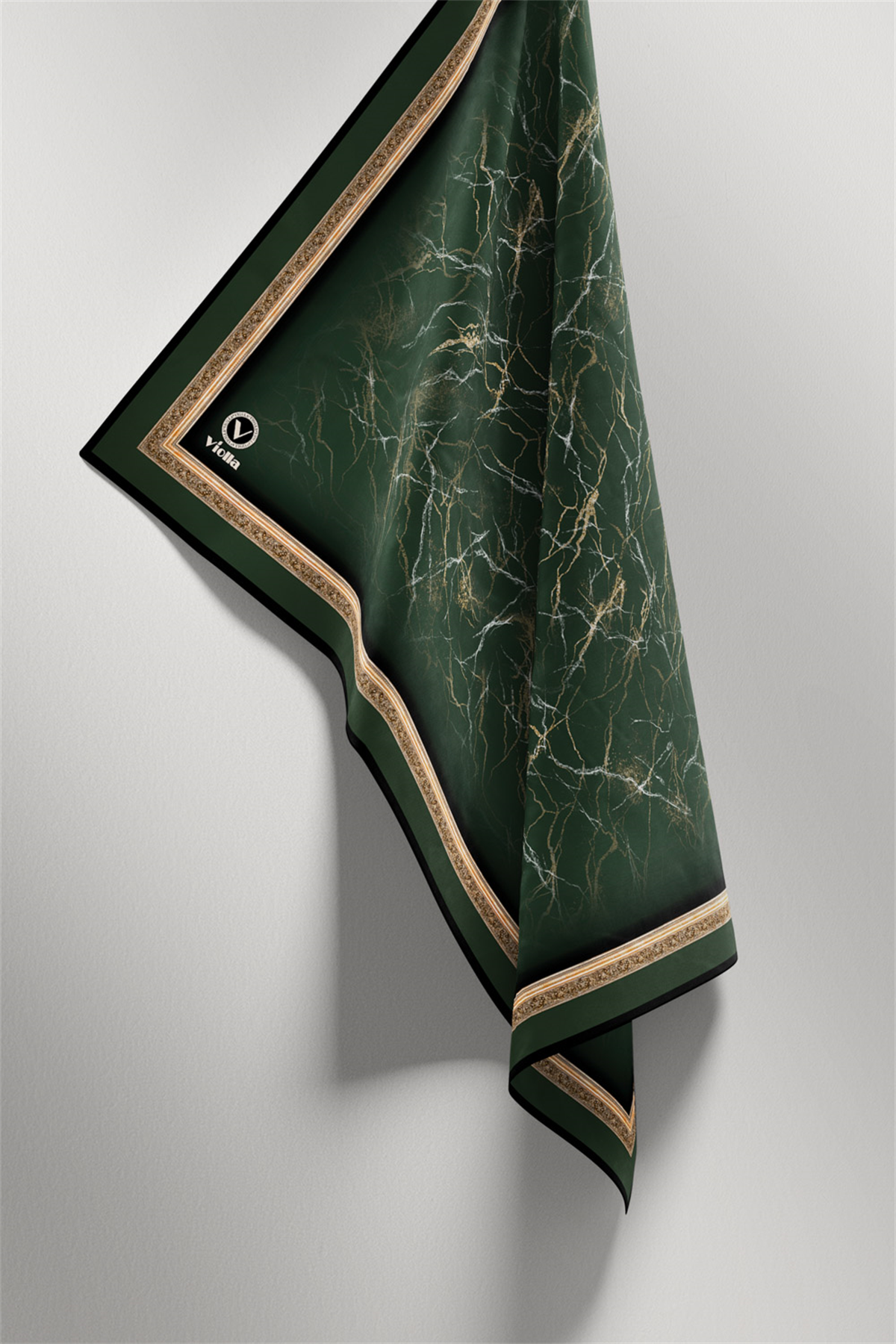 Twill Barok Çerçeveli Mermer Desenli Petrol Yeşili Renkli 90x90 Eşarp (İpek İçermez) Kenar Dikiş Şekli El Dikişli