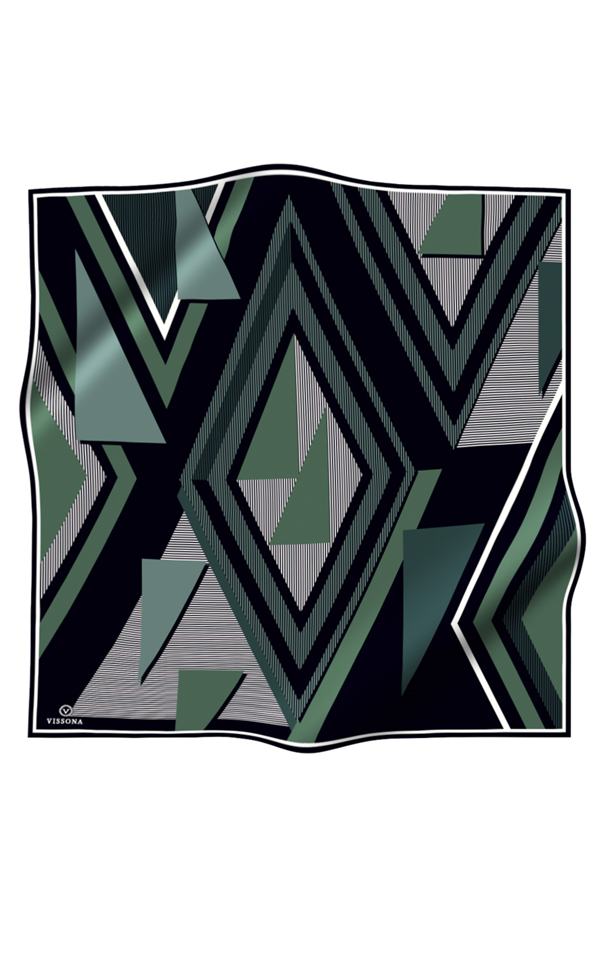 %100 Twill İpek Geometrik Desenli Zümrüt Yeşili - Siyah Renkli 90x90 Eşarp Dikim Şekli : El Dikişi