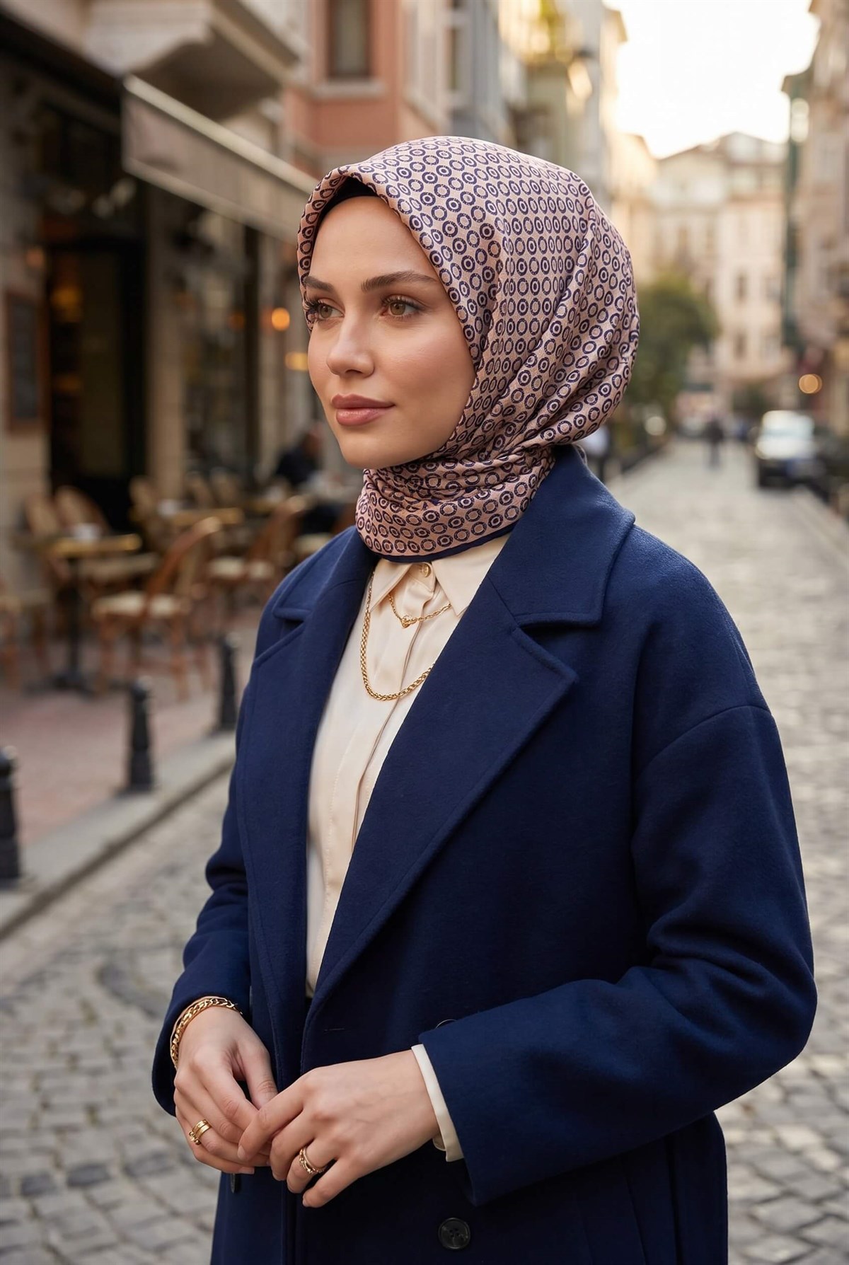 %100 Twill İpek Zincir Desenli Bej - Lacivert Renkli 90x90 Eşarp Kenar Dikiş Şekli El Dikişli