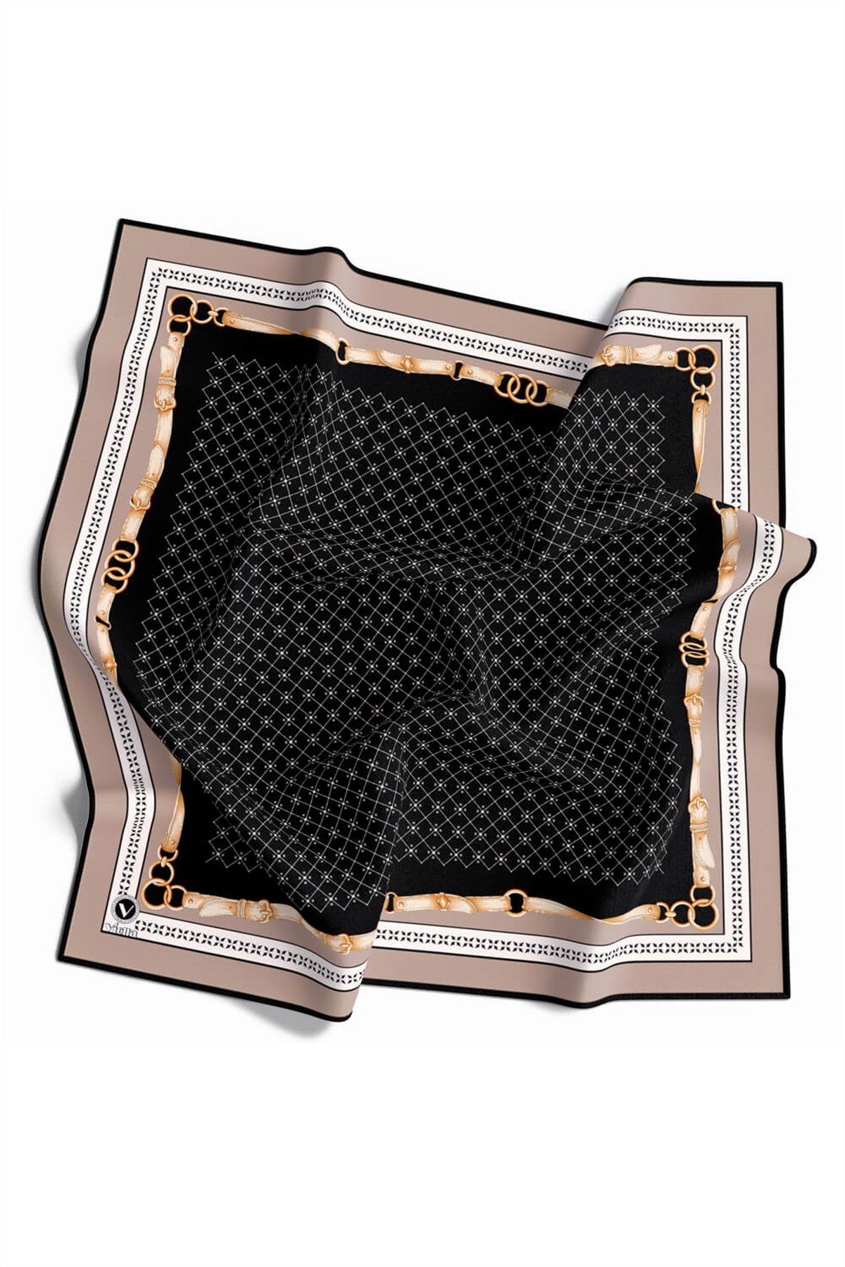 Twill Kemerli ve Çıtır Motifli Desenli Bej Renkli 90x90 Eşarp (İpek İçermez) Dikim Şekli : El Dikişi