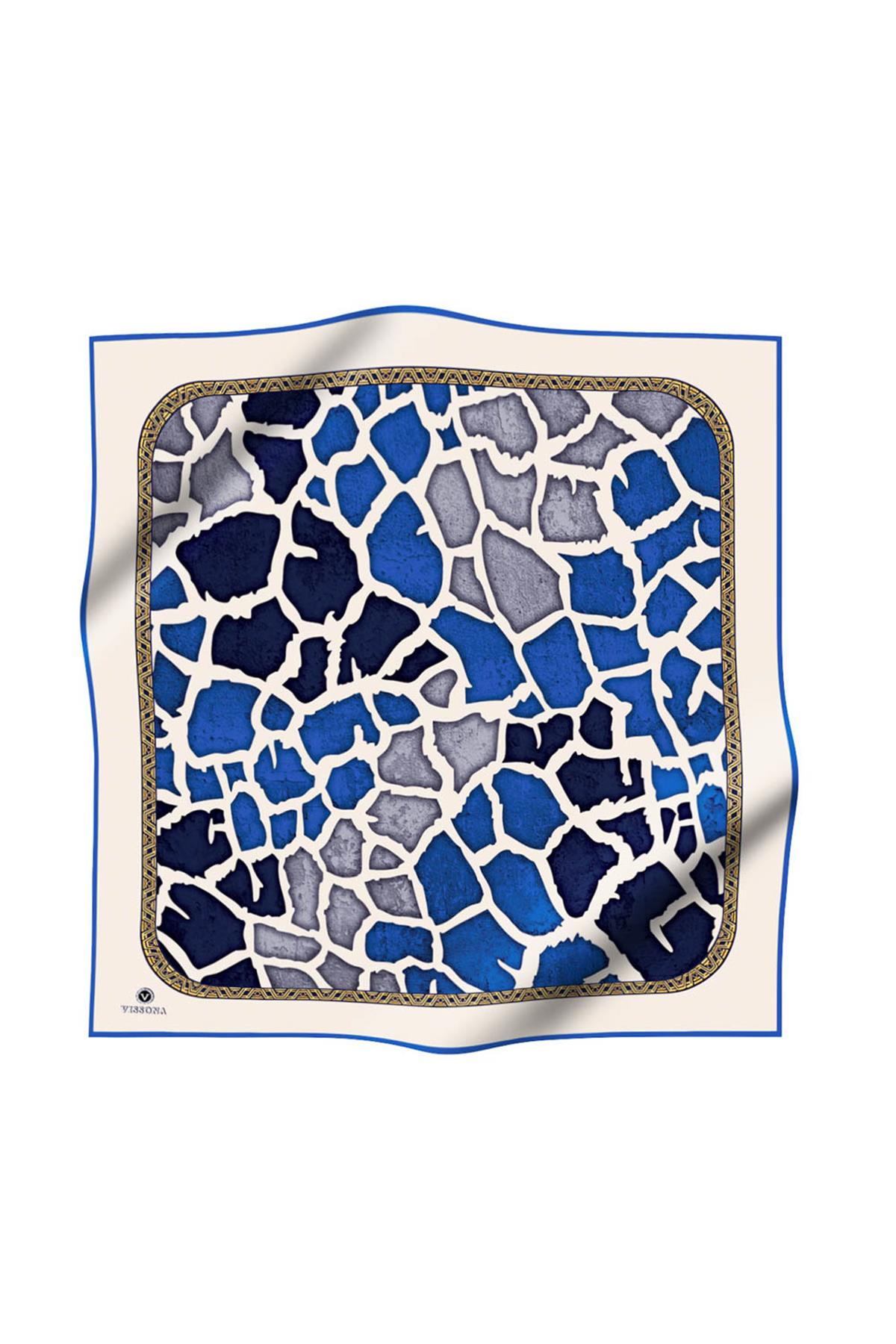 %100 Twill İpek Zürafa Desenli Saks - Lacivert Renkli 90x90 Eşarp Dikim Şekli : El Dikişi