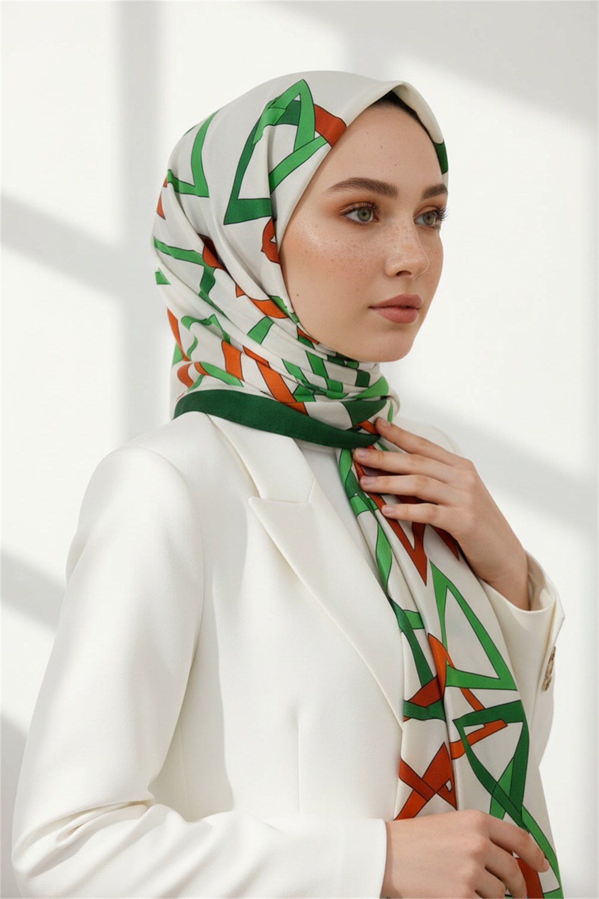 KREP GEOMETRİK DESENLİ ZÜMRÜT YEŞİLİ RENKLİ 75X195 KIRIŞMAZ ŞAL
