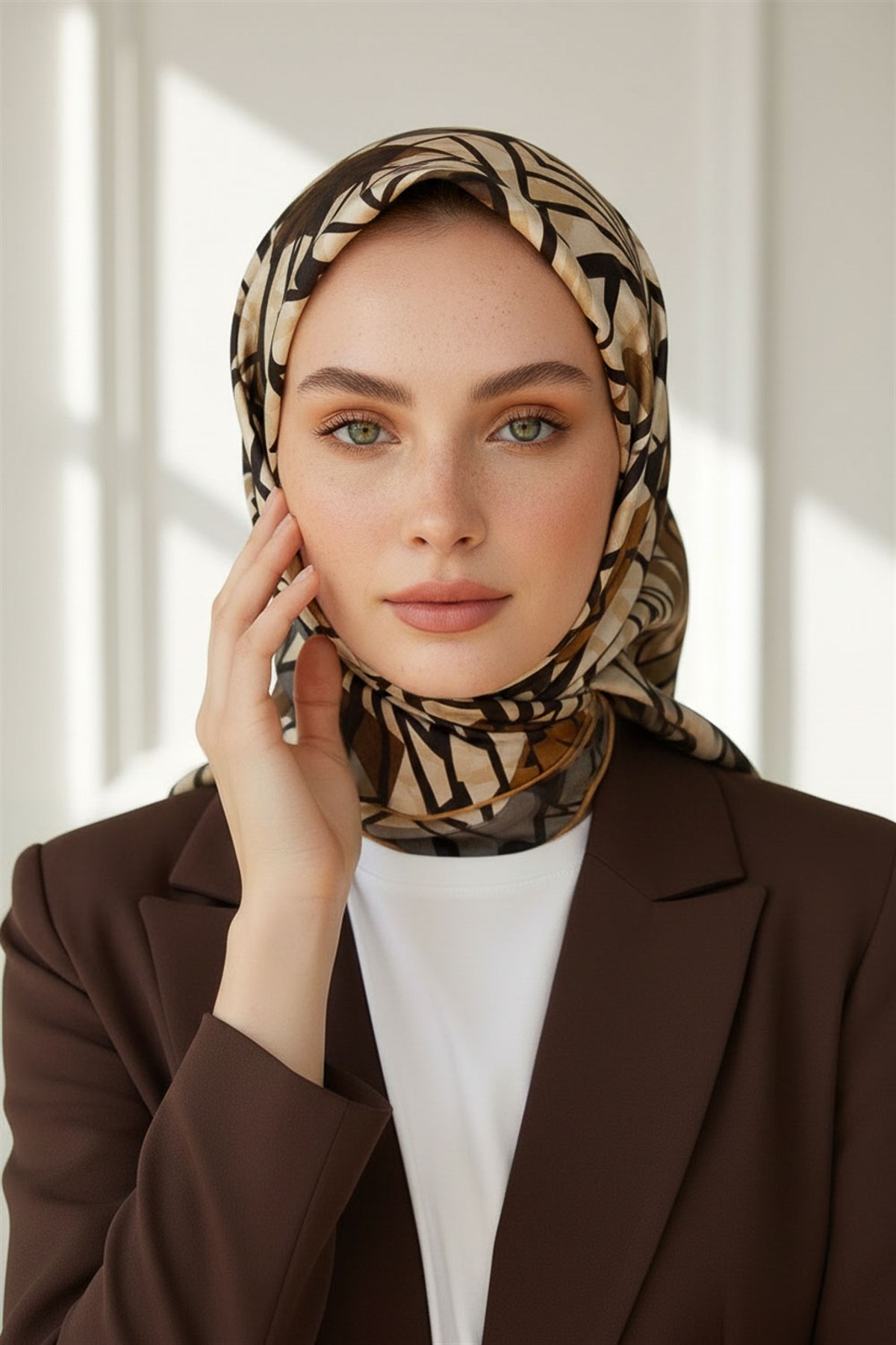 %100 Twill Renkli Petek Desenli Sütlükahve - Vizon Renkli 90x90 Eşarp Dikim Şekli: El Dikişii