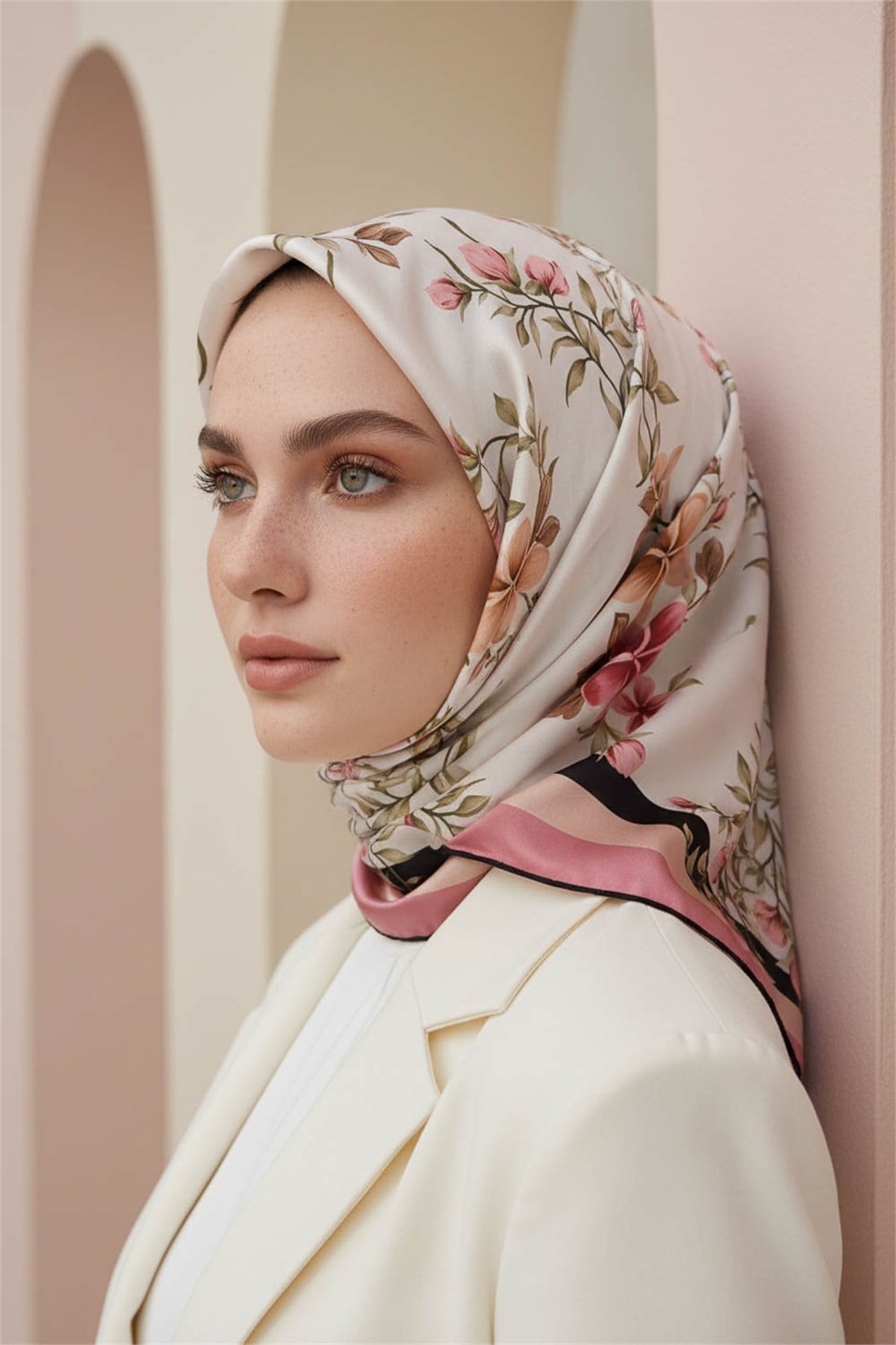 Rayon Çiçek Desenli Pudra Renkli 90x90 Eşarp (İpek İçermez) Dikim Şekli : El Dikişi