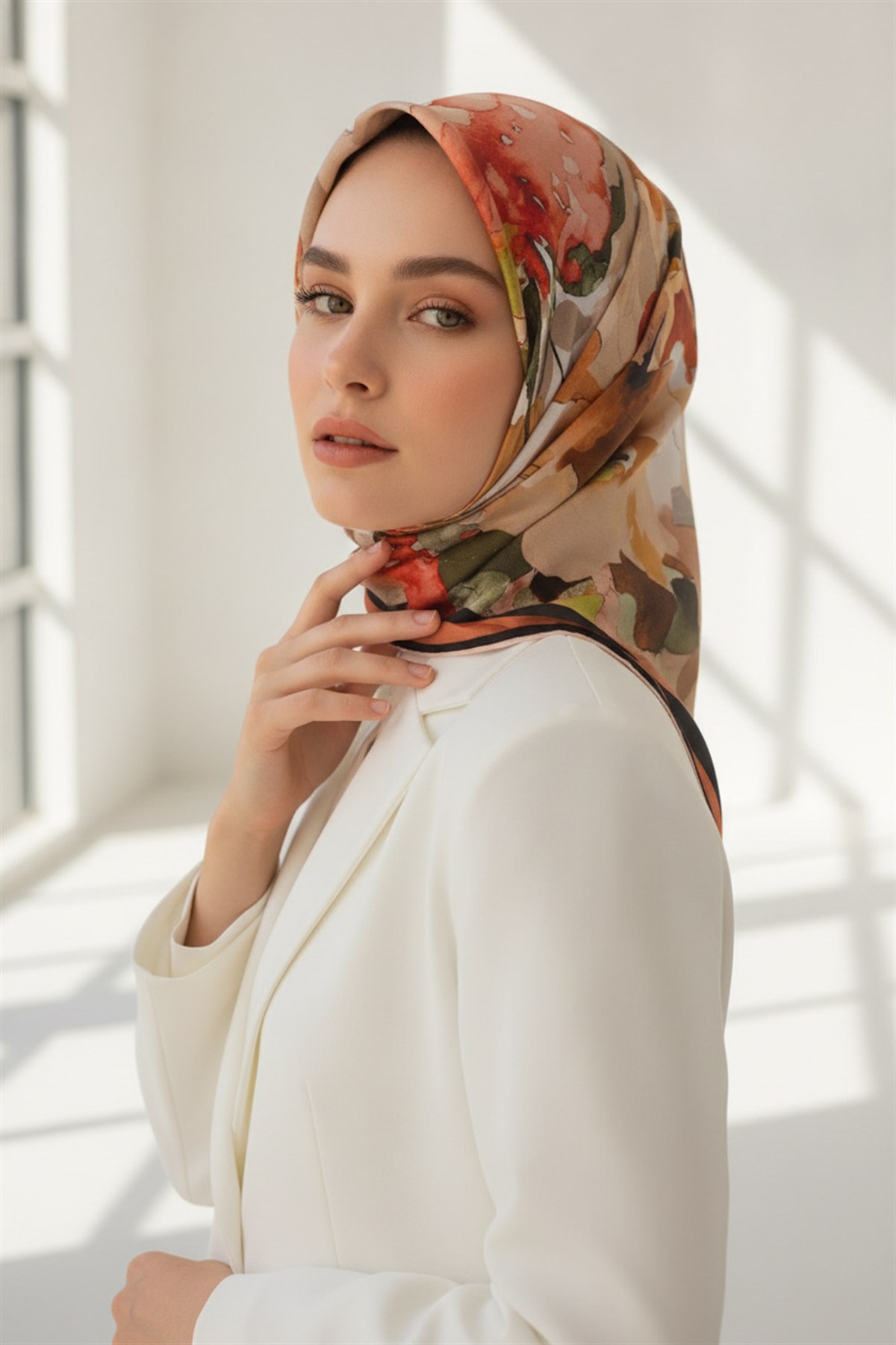 % 57 İPEK % 43 VİSKON Twill İpek Sulu Boyalı Çiçek Desenli Kırmızı - Vizon Renkli 90x90 Eşarp Dikim Şekli : El Dikişi