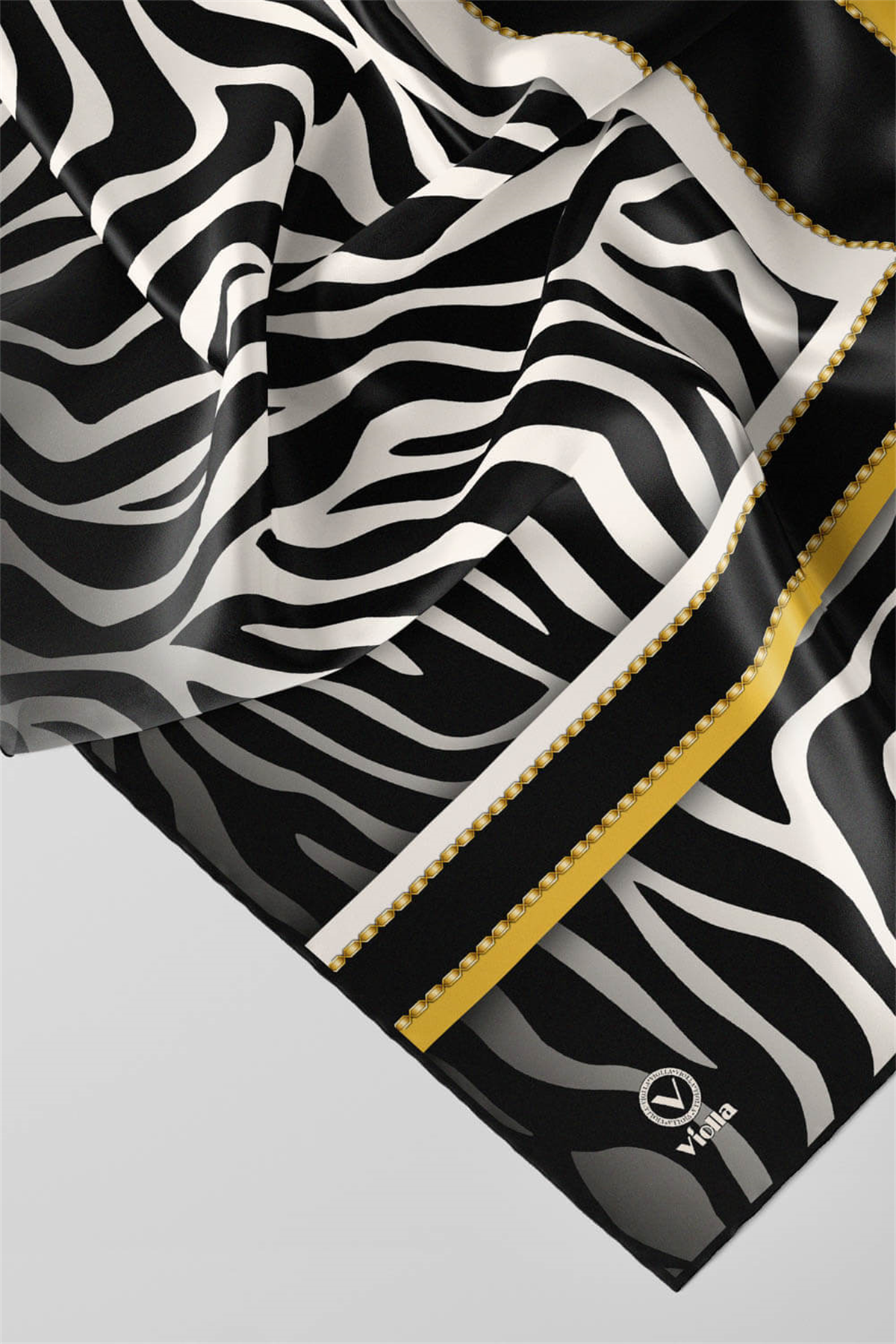 Twill Zebra Desenli Siyah - Sarı Renkli 90x90 Eşarp (İpek İçermez) Dikim Şekli : El Dikişi