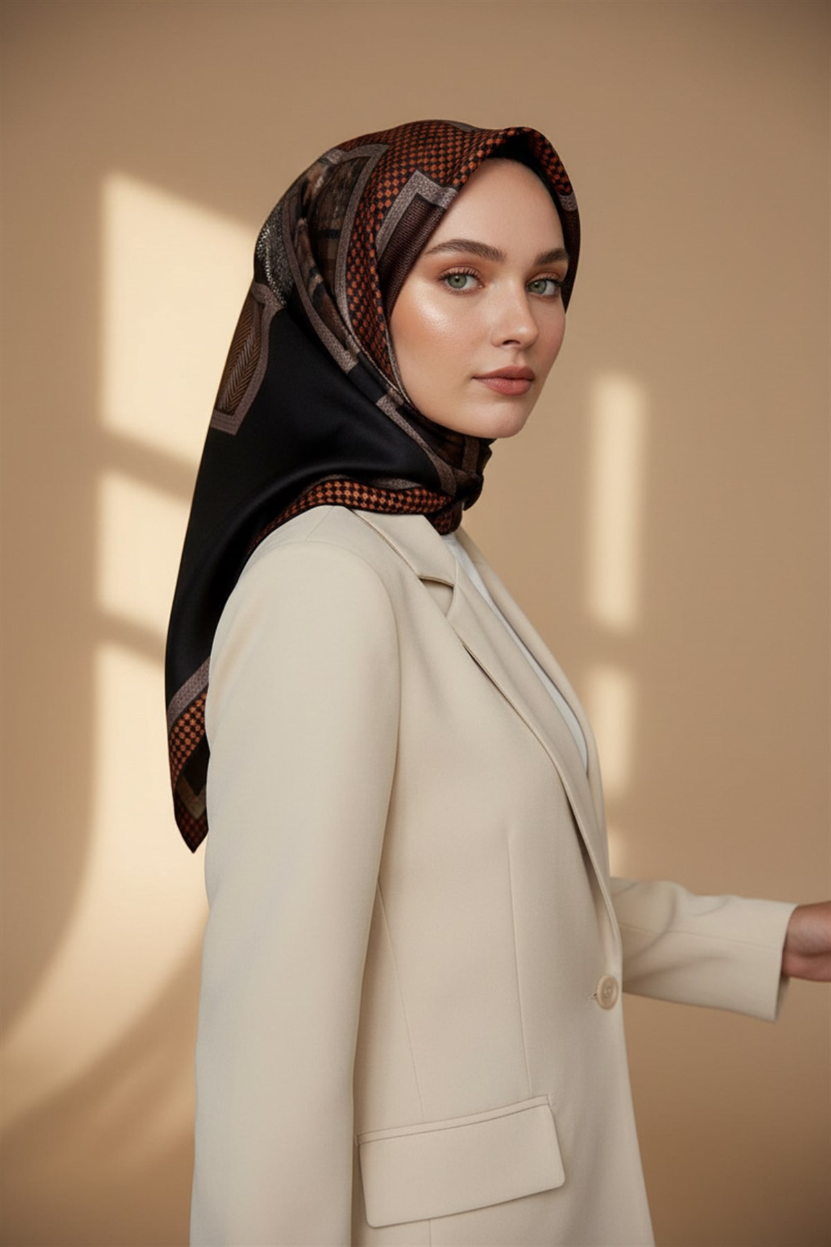 %100 Twill İpek Kazakayaklı Ve Ekose Desenli Taba - Siyah Renkli 90x90 Eşarp Dikim Şekli : El Dikişi