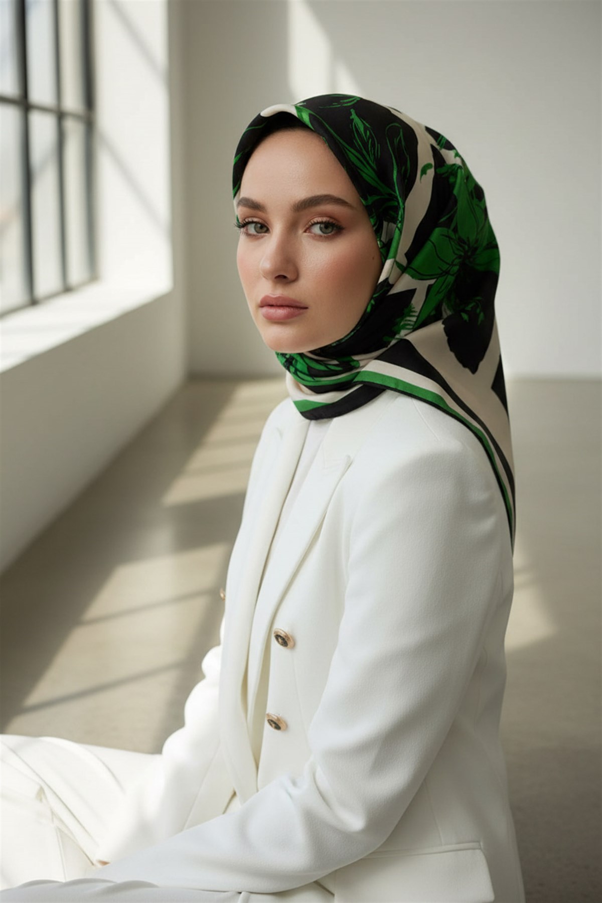 %100 Twill İpek Çiçekli ve Geometrik Desenli Benetton Yeşili - Siyah Renkli 90x90 Eşarp Dikim Şekli : El Dikişi
