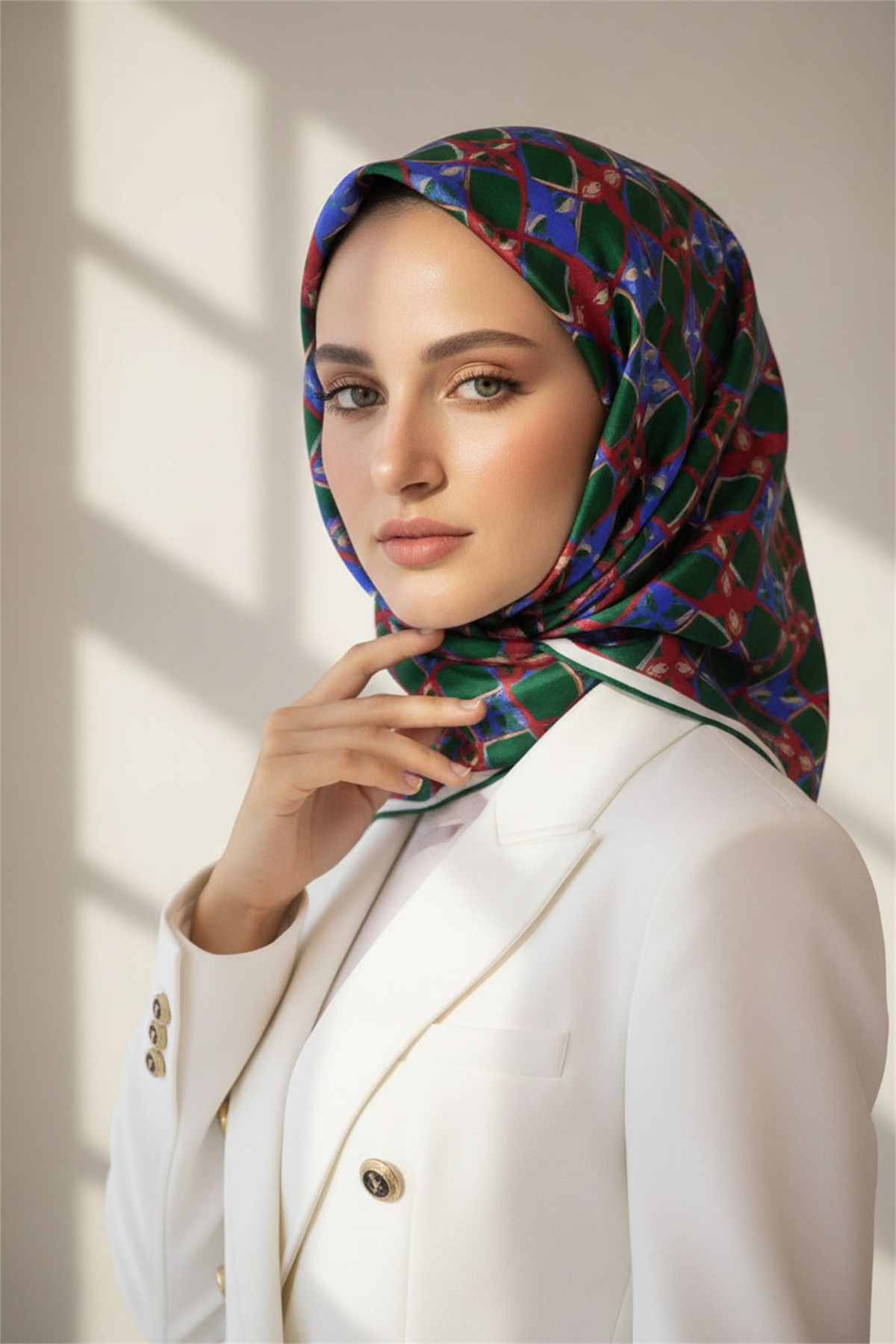 %100 Twill İpek Geometrik Desenli Zümrüt Yeşili Renkli 90x90 Eşarp Dikim Şekli : El Dikişi