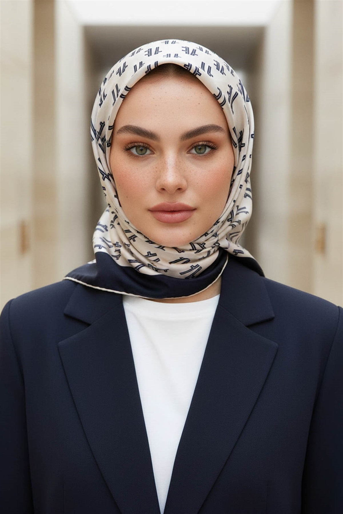 % 57 İPEK % 43 VİSKON Twill İpek Geometrik Desenli Krem - Lacivert Renkli 90x90 Eşarp Dikim Şekli : El Dikişi