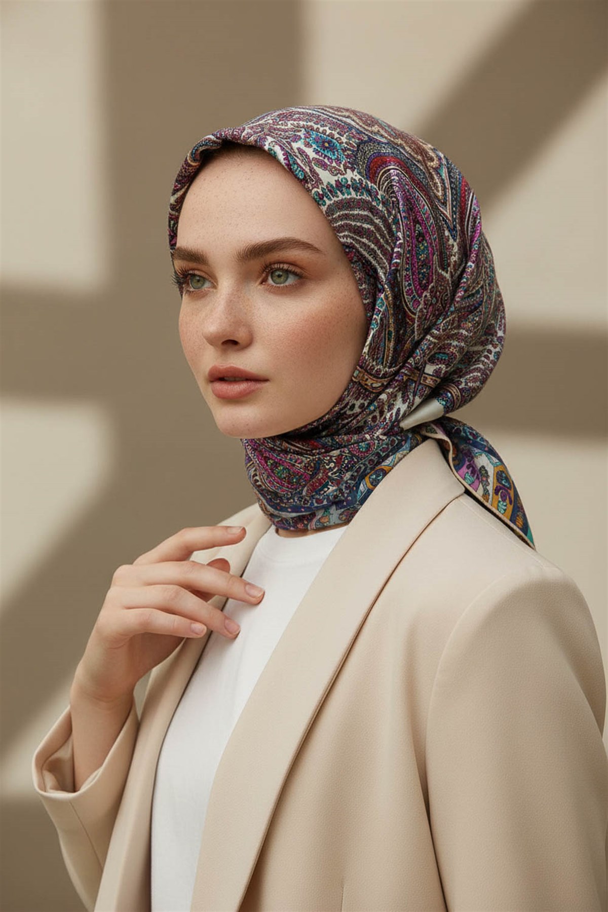 %100 Twill İpek Etro Desenli Krem Renkli 90x90 Eşarp Dikim Şekli : El Dikişi