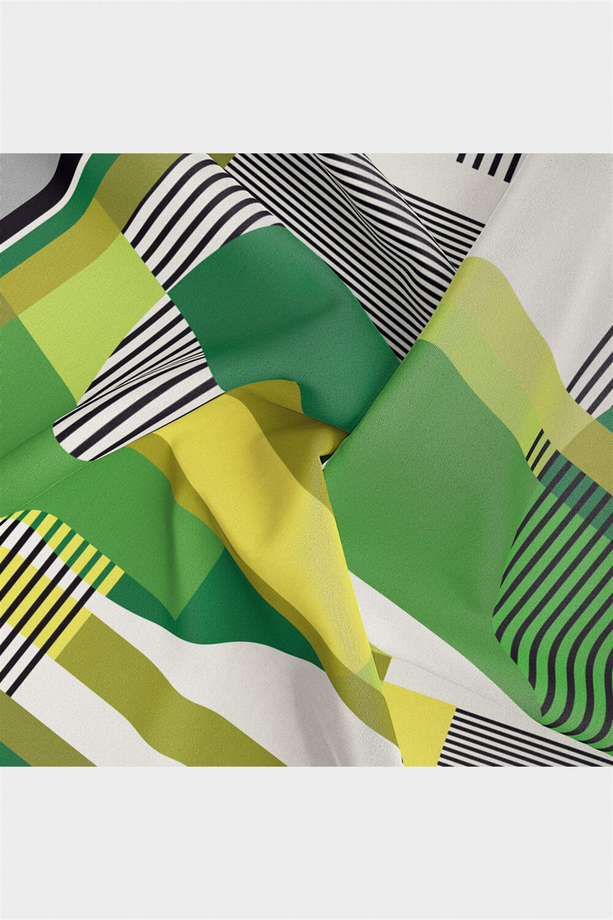 100% Twill İpek Geometrik Desenli Haki - Zümrüt Yeşili Renkli 90x90 Dikim Şekli : El Dikişi Eşarp