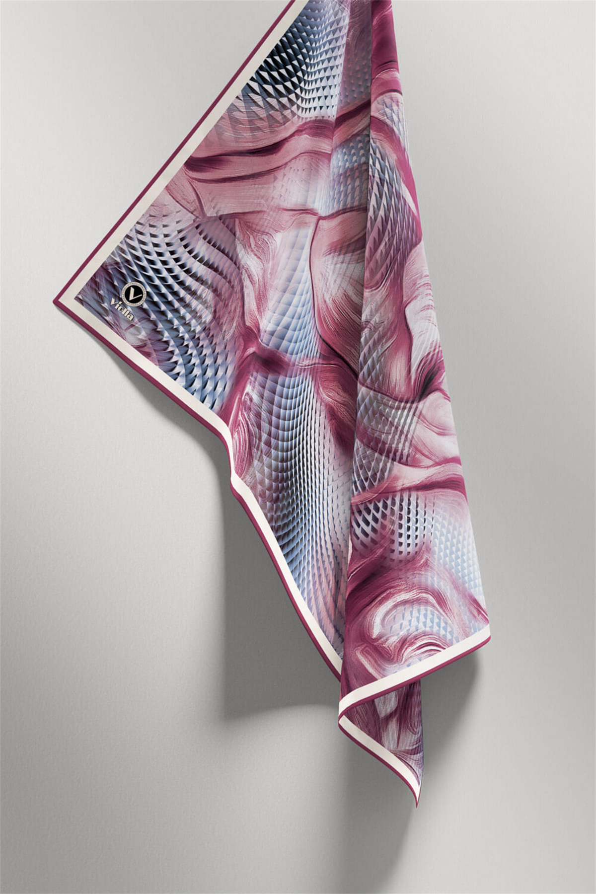 Twill Geometrik Ve Dalga Desenli Pembe Renkli 90x90 Eşarp (İpek İçermez) Dikim Şekli : El Dikişi