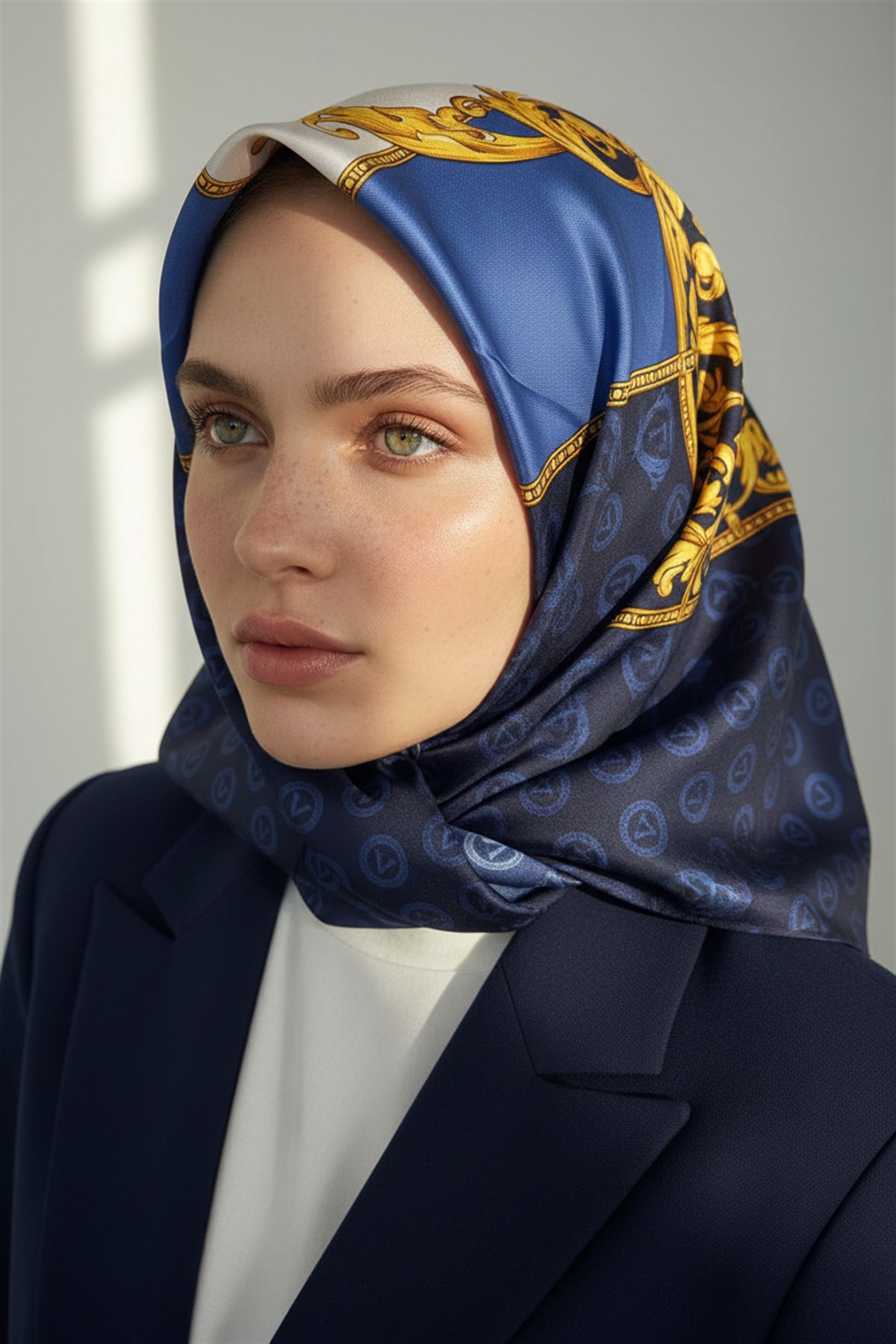 %100 Twill İpek Monogram Ve Barok Desenli Lacivert - İndigo  Renkli 90x90 Eşarp Dikim Şekli : El Dikişi