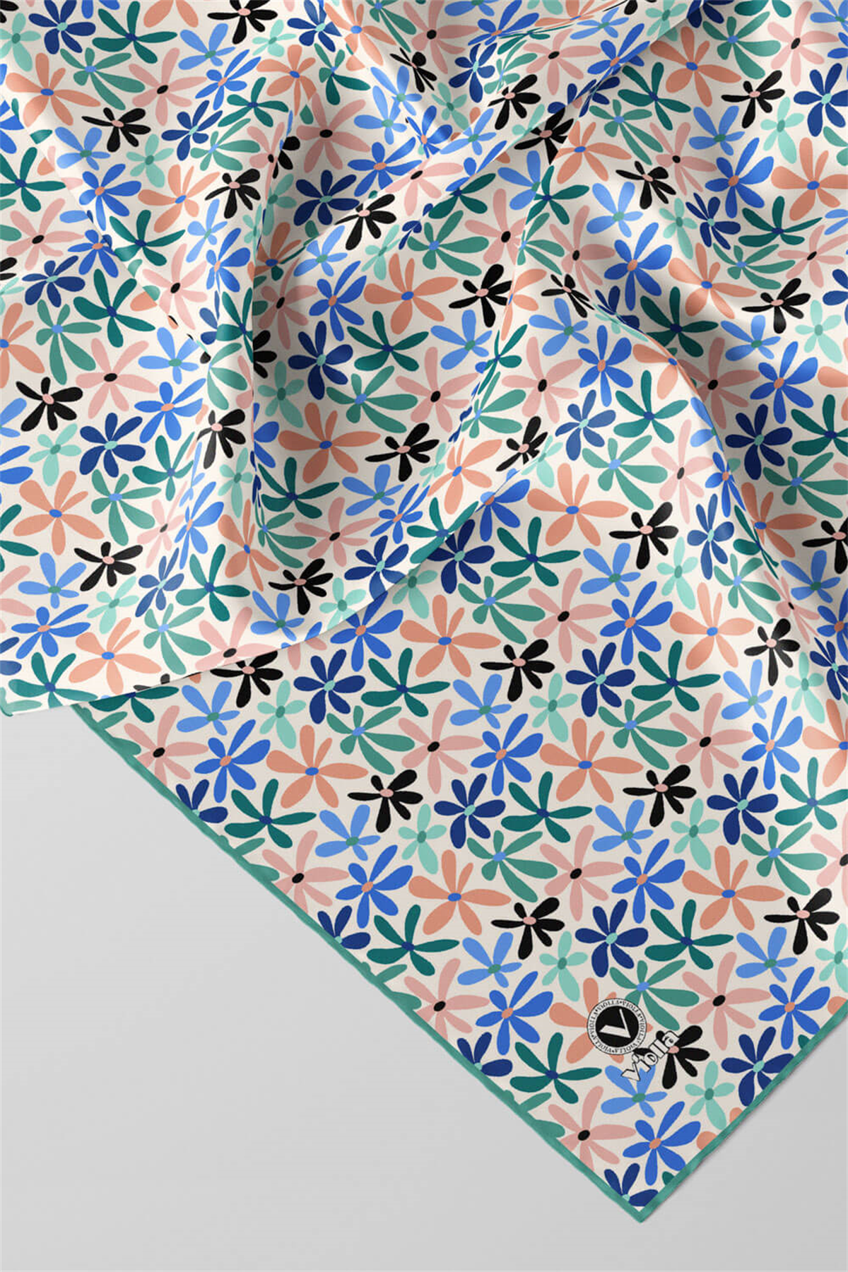 Twill Renkli Çiçek Desenli Buz Mavisi Renkli 90x90 Eşarp (İpek İçermez) Kenar Dikiş Şekli El Dikişli