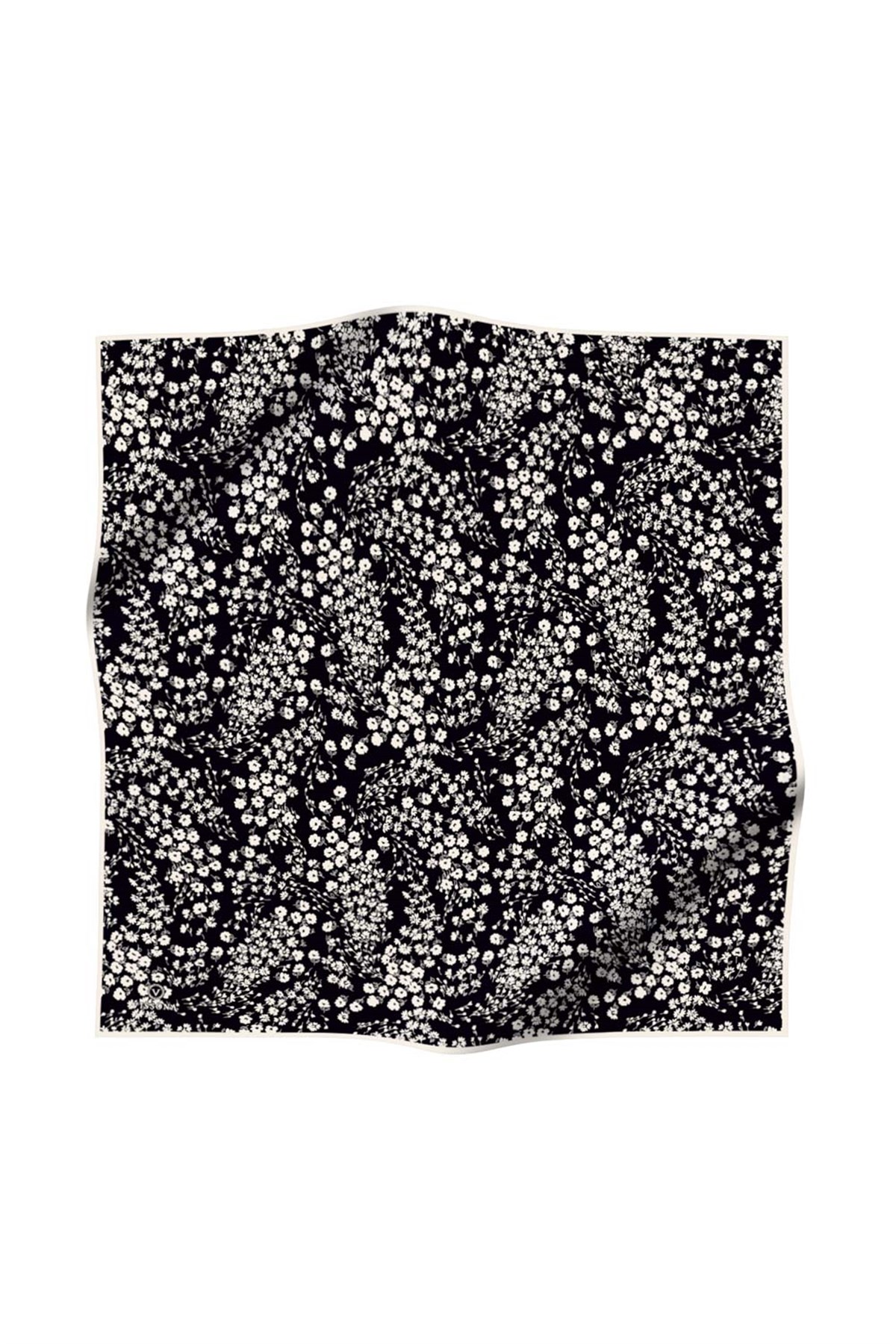 %100 Twill İpek Çıtır Çiçek Desenli Siyah - Krem Renkli 90x90 Eşarp Dikim Şekli : El Dikişi