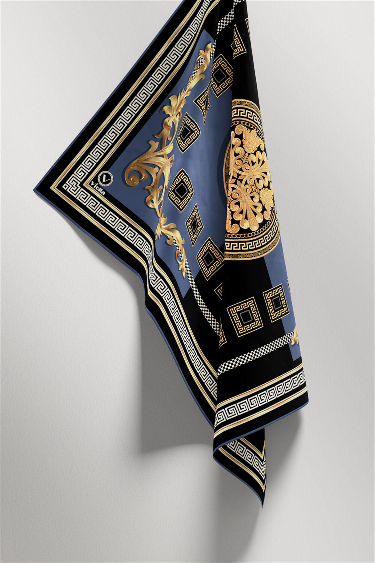 Twill Barok Desenli İndigo Renkli 90x90 Eşarp (İpek İçermez) Kenar Dikiş Şekli El Dikişli