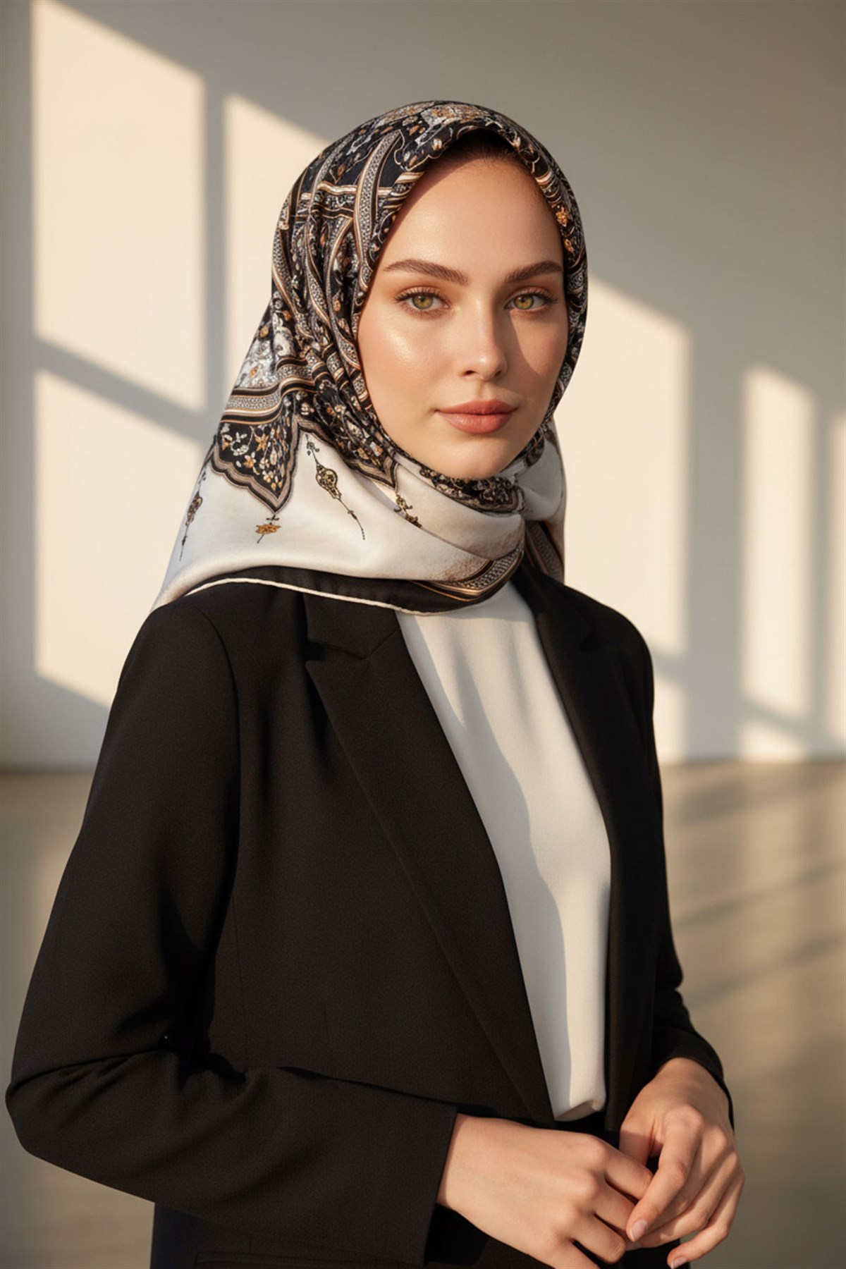 %100 Twill İpek Şal Desenli Siyah - Krem Renkli 90x90 Eşarp Dikim Şekli : El Dikişi