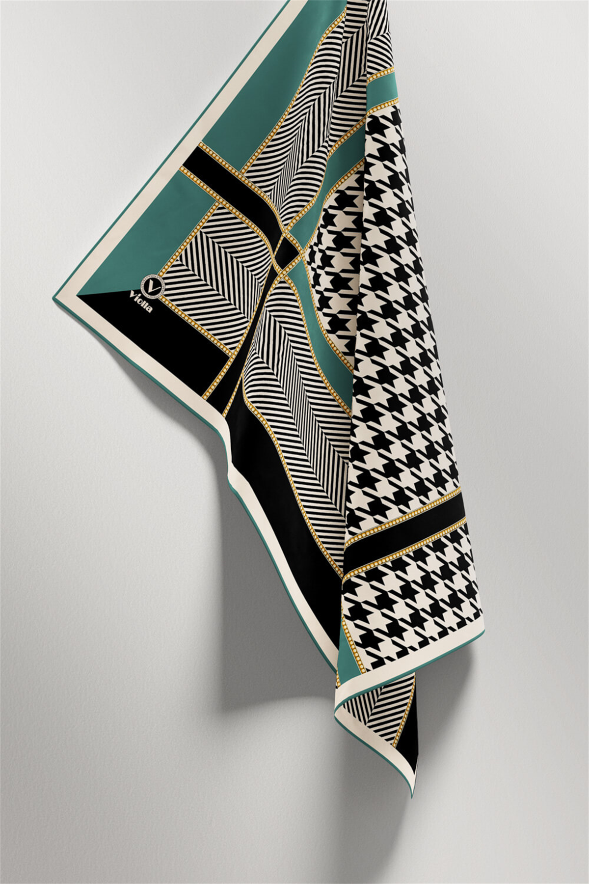 Twill Kazayağı Desenli Koyu Mint Yeşili Renkli 90x90 Eşarp (İpek İçermez) Kenar Dikiş Şekli El Dikişli