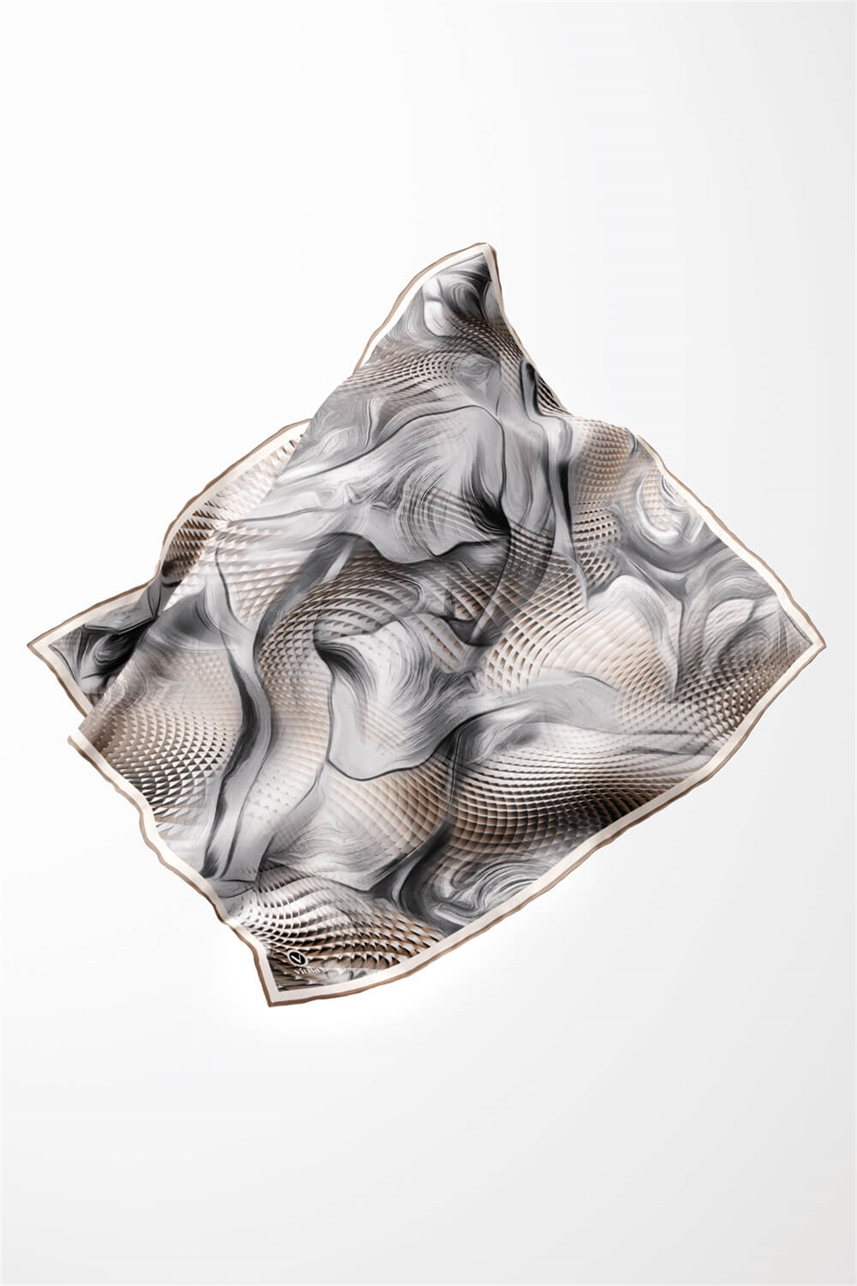Twill Geometrik Ve Dalga Desenli Bej Renkli 90x90 Eşarp (İpek İçermez) Dikim Şekli : El Dikişi