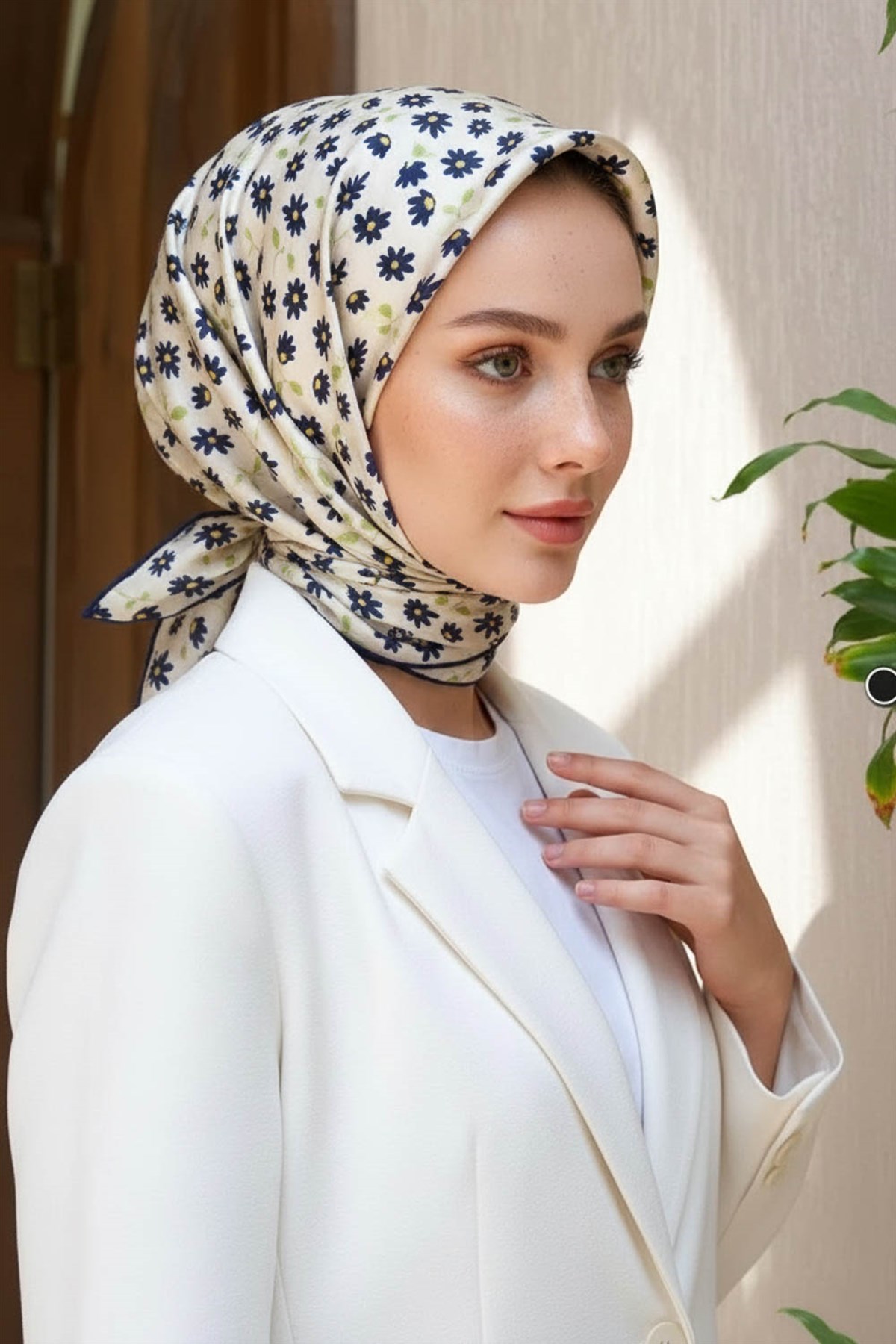 %100 Twill İpek Papatya Desenli Krem - Lacivert Renkli 90x90 Eşarp Dikim Şekli : El Dikişi
