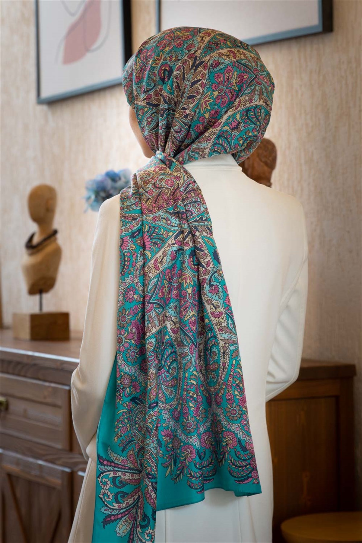 100% İpek Etro Desenli Petrol Yeşili - Pembe Renkli 92x210 Şal