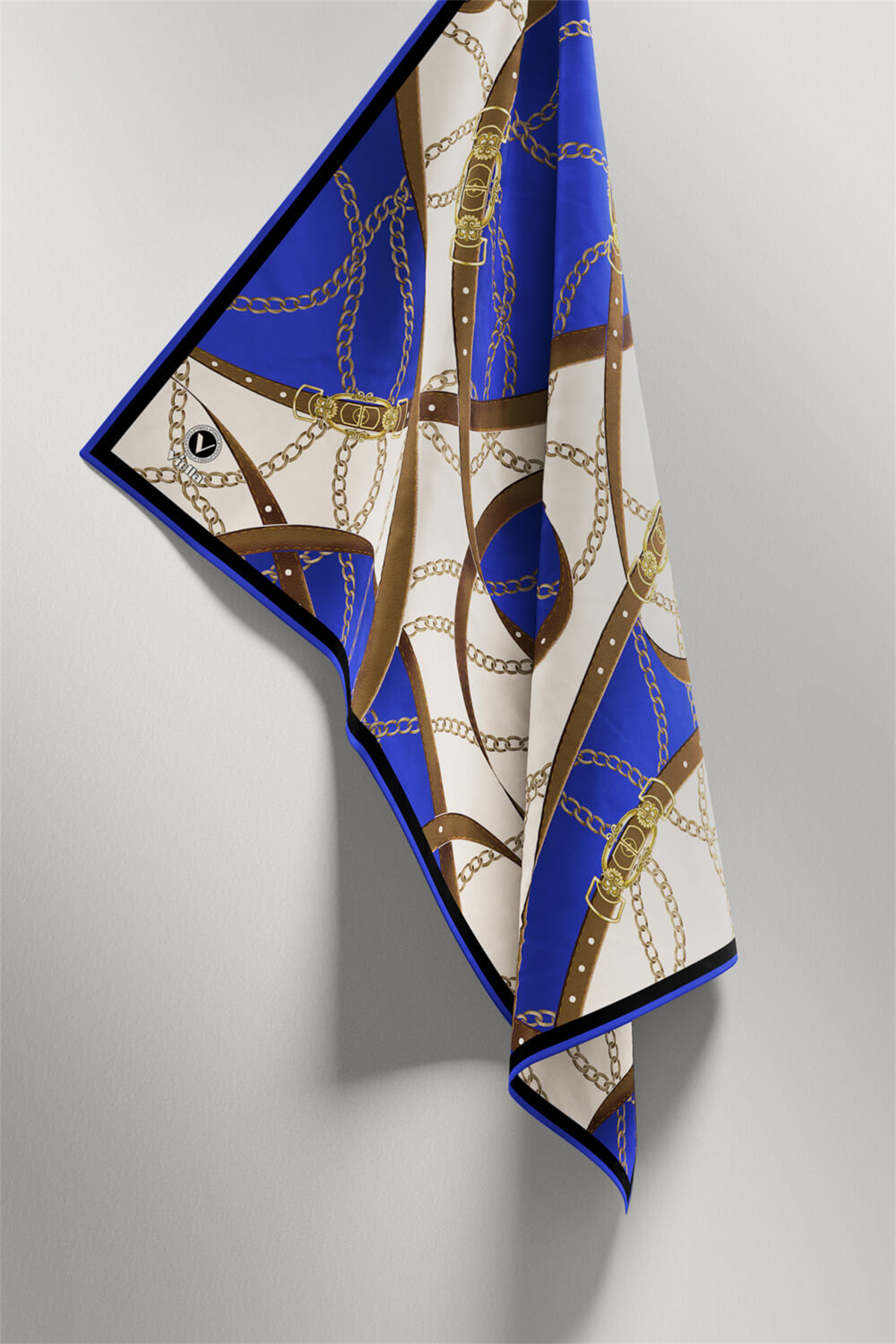 Twill Kemer ve Zincir Desenli Saks Renkli 90x90 Eşarp (İpek İçermez) Kenar Dikiş Şekli El Dikişli
