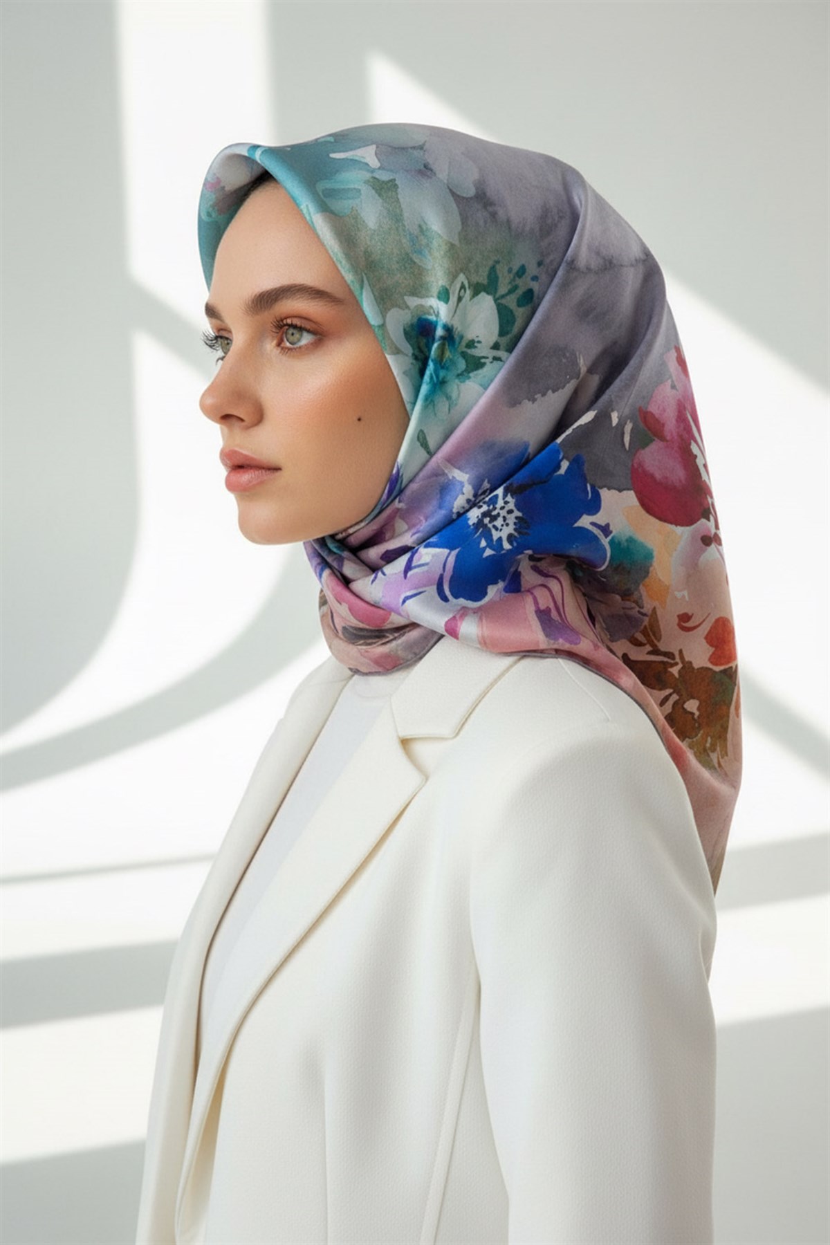 %100 Twill İpek Çiçek  Desenli Gri Renkli 90x90 Eşarp Dikim Şekli : El Dikişi