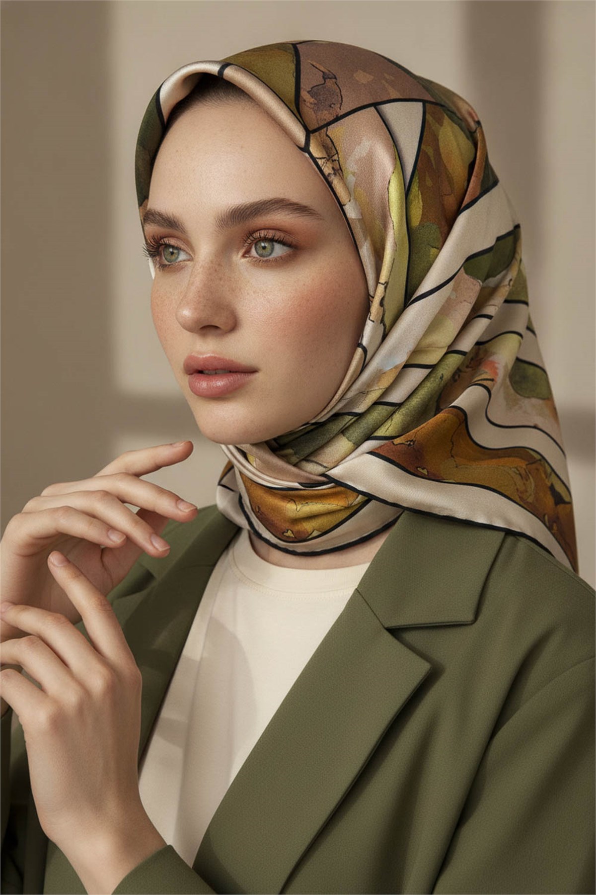 %100 Twill İpek Bahar Çiçekleri Desenli Haki Yeşil - Vizon Renkli 90x90 Eşarp Kenar Dikiş Şekli El Dikişli