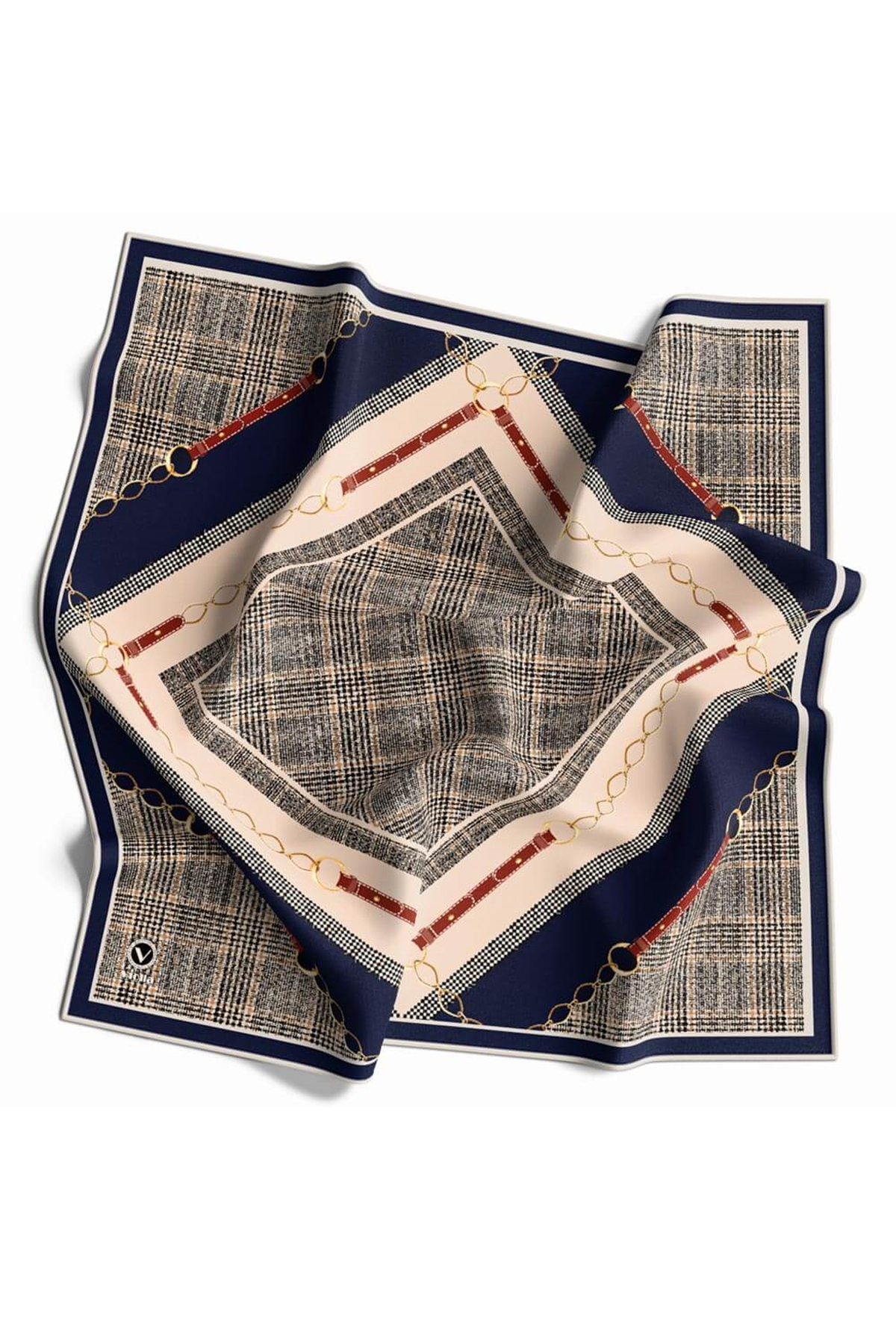 Twill Kemer ve Zincir Detaylı Ekose Desenli Lacivert Renkli 90x90 Eşarp (İpek İçermez) Kenar Dikiş Şekli El Dikişli