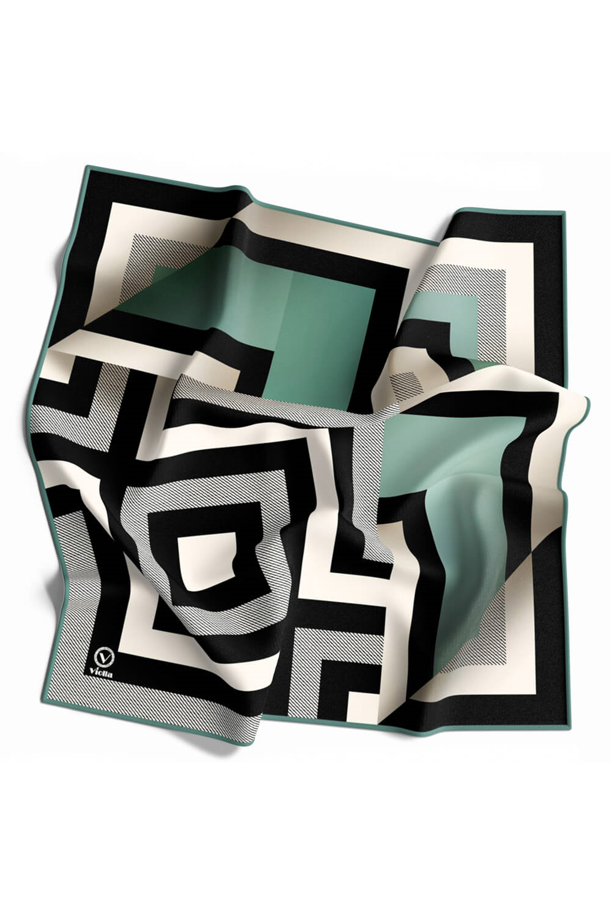 Twill Geometrik Desenli Mint Yeşiliı Renkli 90x90 Eşarp (İpek İçermez) Dikim Şekli : El Dikişi