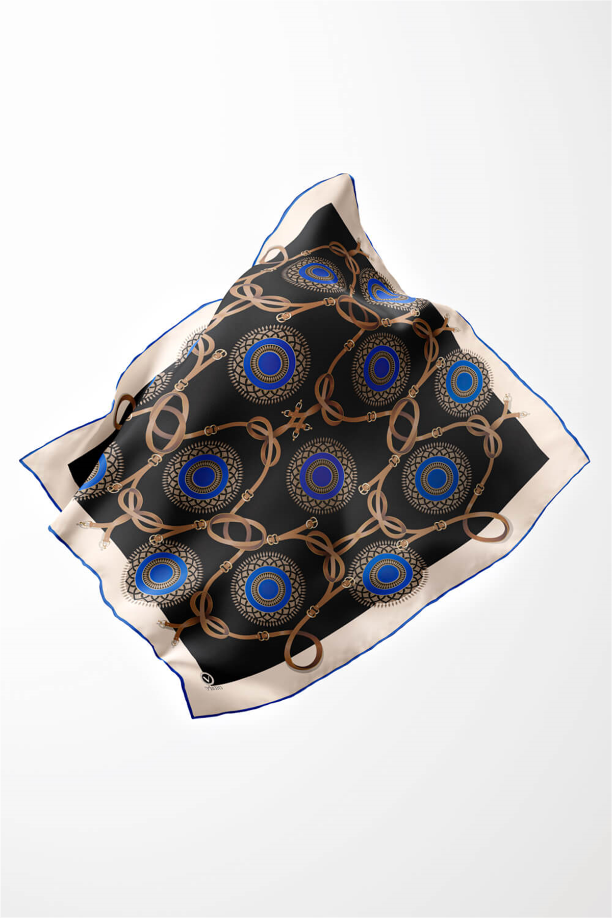 Twill Kemerli Ve Geometrik Desenli Saks Renkli 90x90 Eşarp (İpek İçermez) Kenar Dikiş Şekli El Dikişli