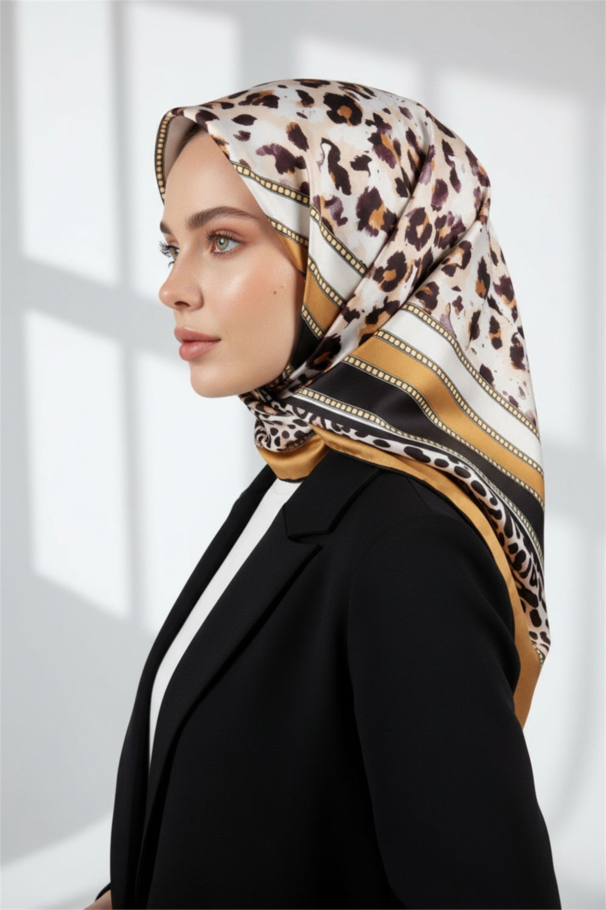 Twill Kemerli ve Leopar Desenli Hardal Renkli 90x90 Eşarp (İpek İçermez) Dikim Şekli : El Dikişi