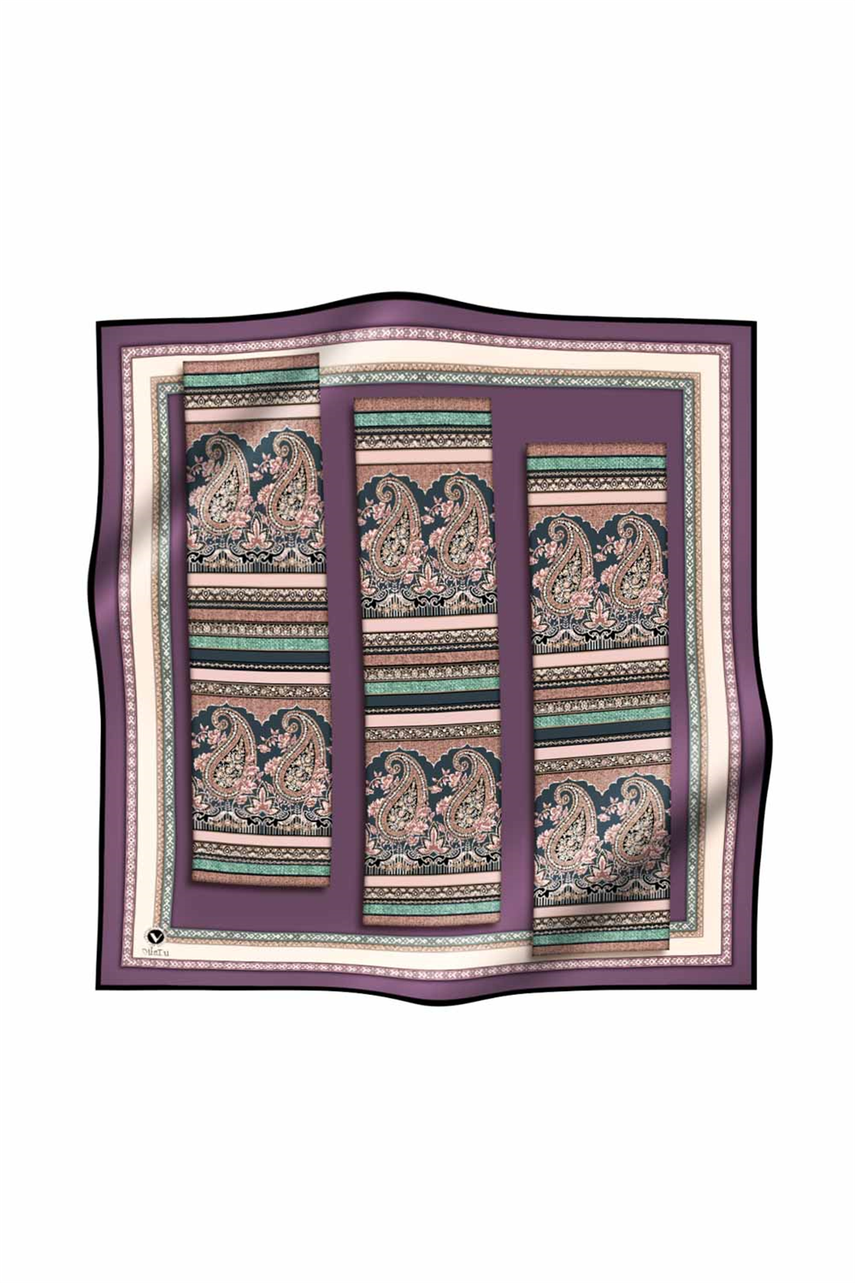 Twill Şal Desenli Lila Renkli 90x90 Eşarp (İpek İçermez) Kenar Dikiş Şekli El Dikişli