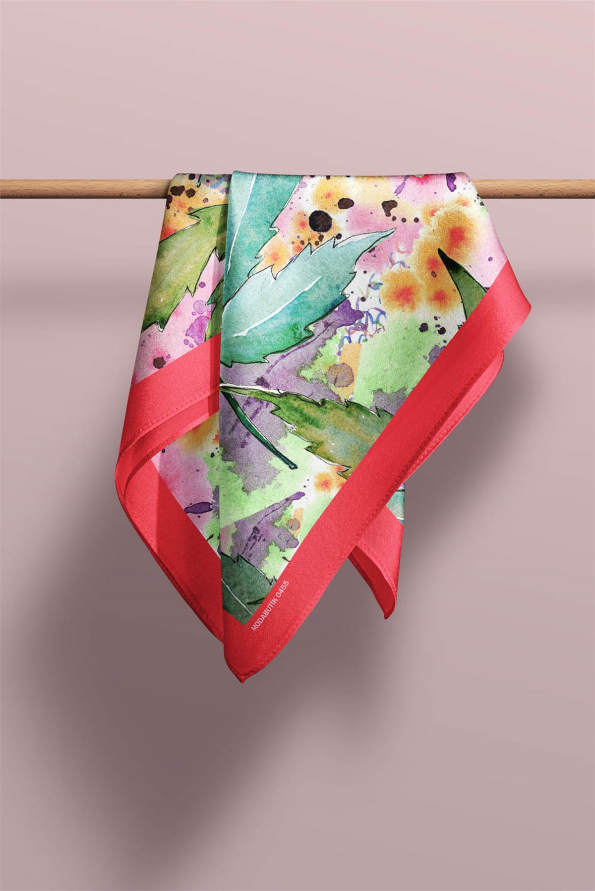A74 Kadın Yaprak Desenli Bandana 50x50 Yeşil Pembe DG0455-22