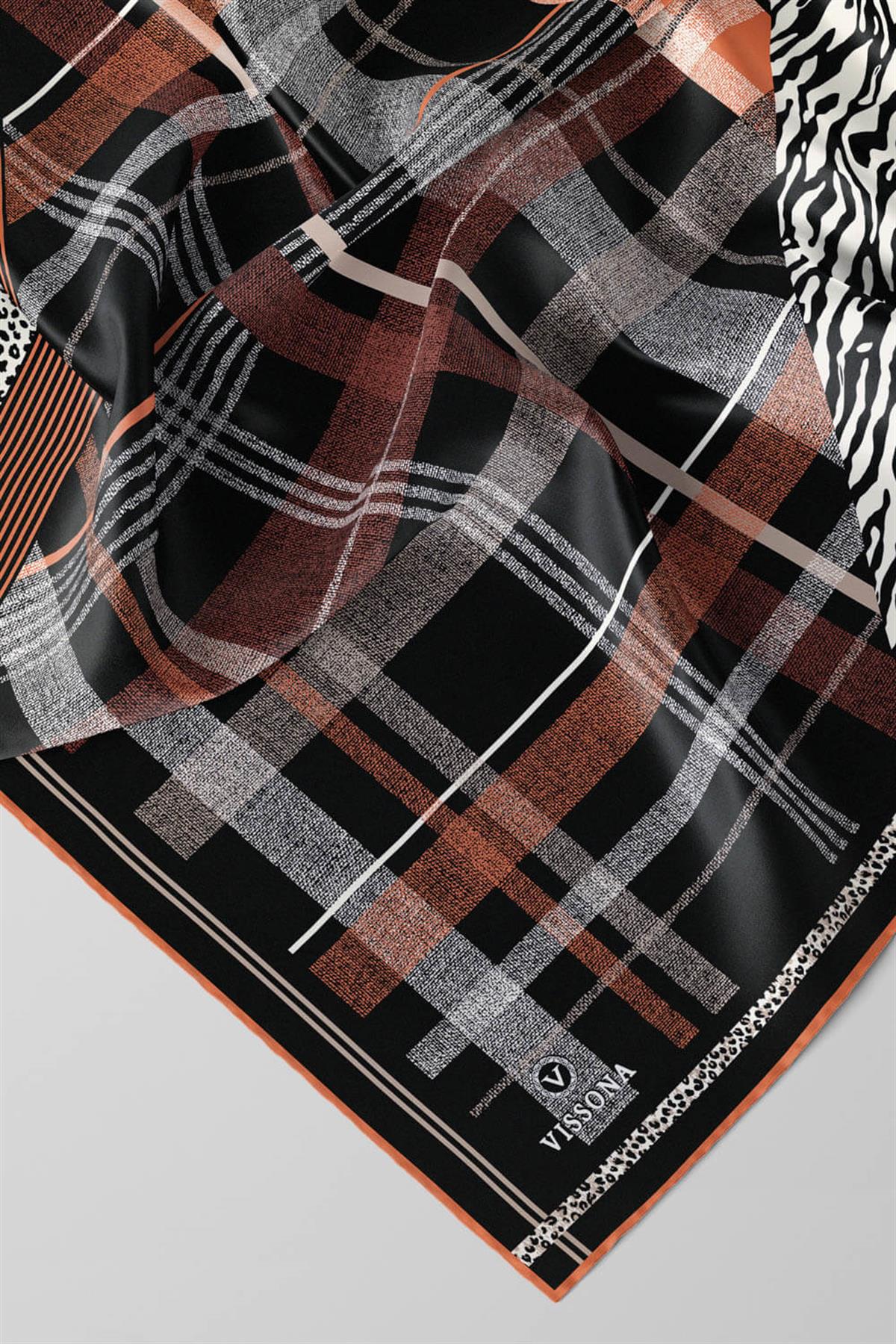 %100 Twill İpek Ekoseli Ve Leopar Desenli Siyah - Taba Renkli 90x90 Eşarp Dikim Şekli : El Dikişi