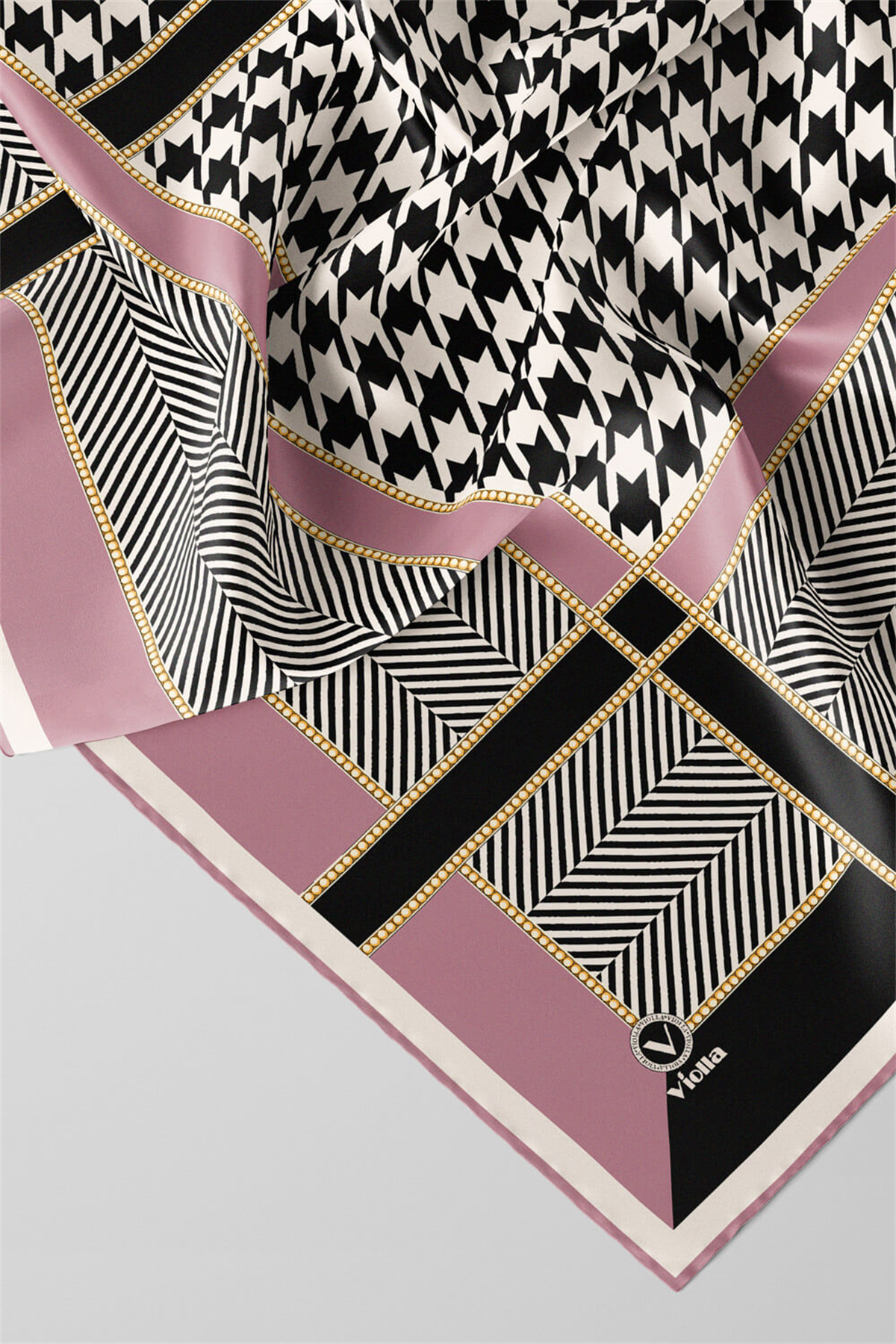 Twill Kazayağı Desenli Pembe Renkli 90x90 Eşarp (İpek İçermez) Kenar Dikiş Şekli El Dikişli