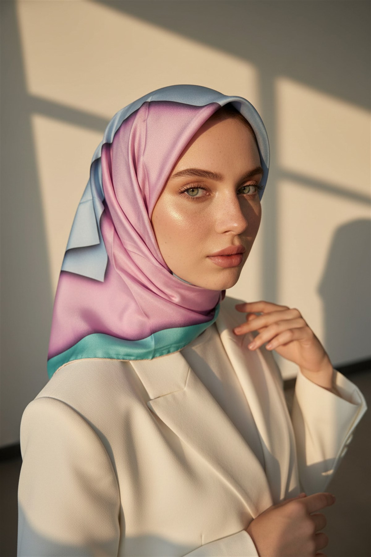 %100 Twill Renk Bloklu Çizgili Desenli Pudra - Bebe Mavisi Renkli 90x90 Eşarp Dikim Şekli: El Dikişii
