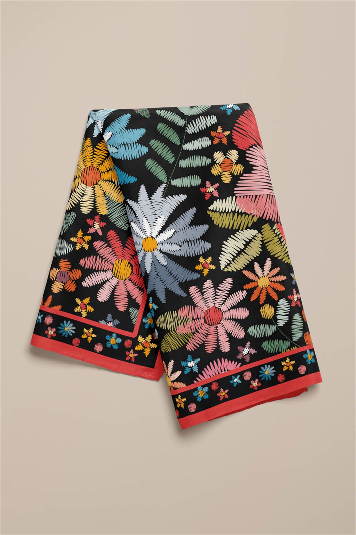 %100 İpek Nakış Çiçek Desenli Kadın Bandana