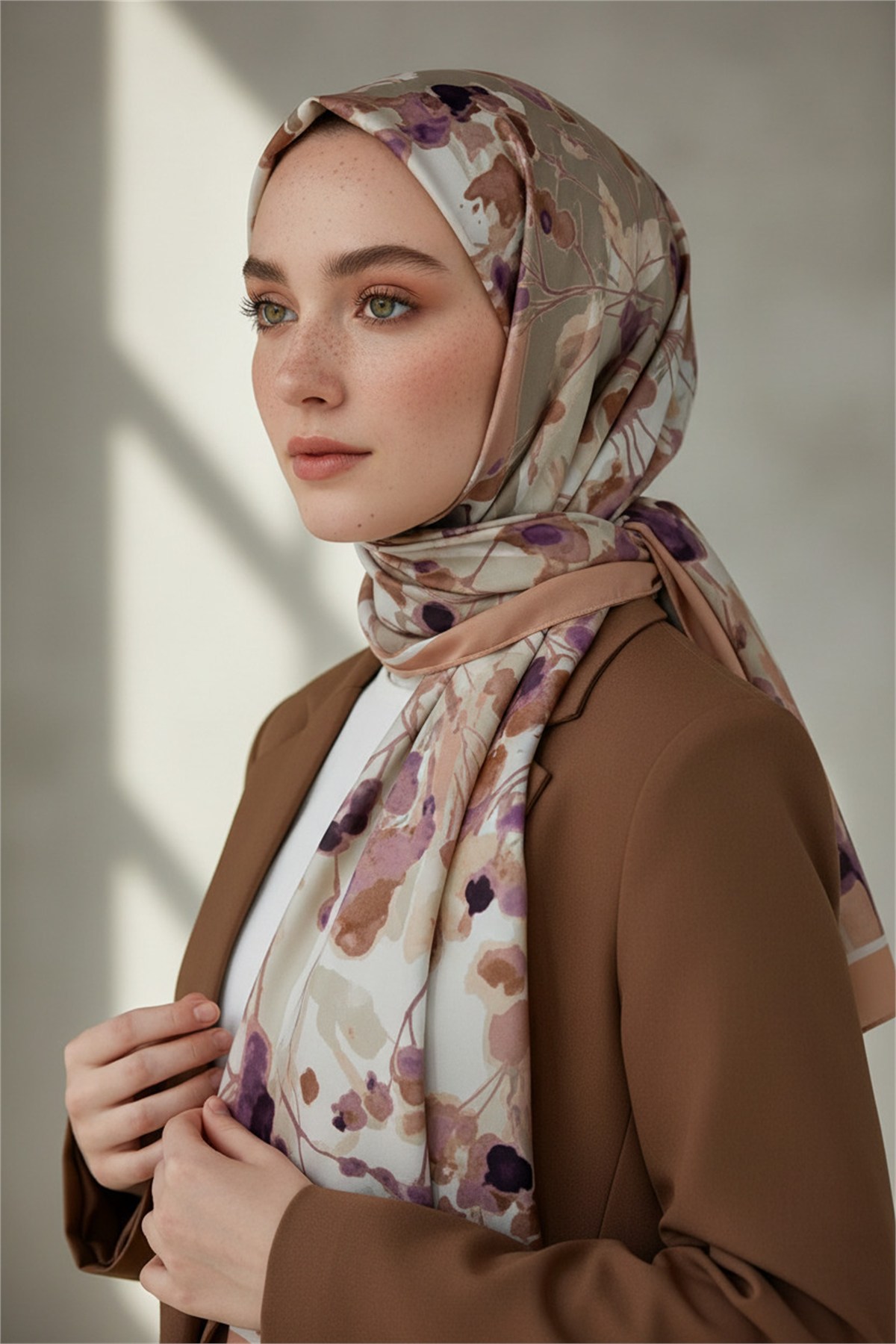 KREP BAHAR DALI DESENLİ SOMON RENKLİ 75X195 KIRIŞMAZ ŞAL