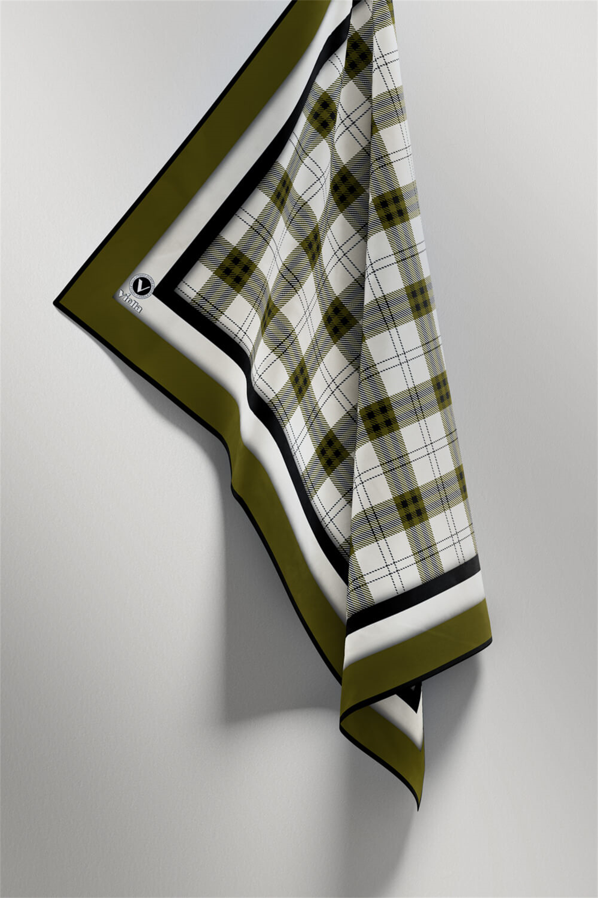 Twill Ekose Desenli Haki Renkli 90x90 Eşarp (İpek İçermez) Kenar Dikiş Şekli El Dikişli