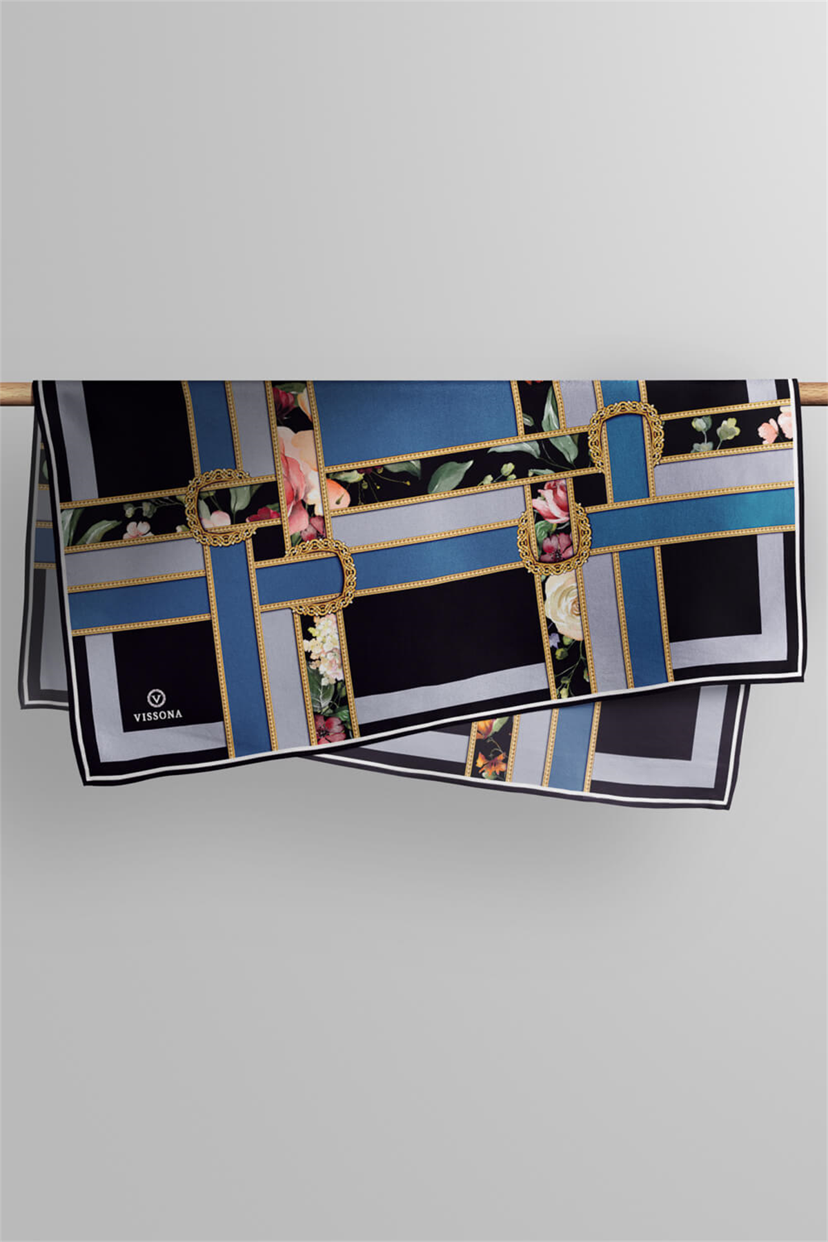 %100 Twill İpek Şeritleri Kemerli Ve Çiçek Desenli İndigo - Gri Renkli 90x90 Eşarp Dikim Şekli : El Dikişi