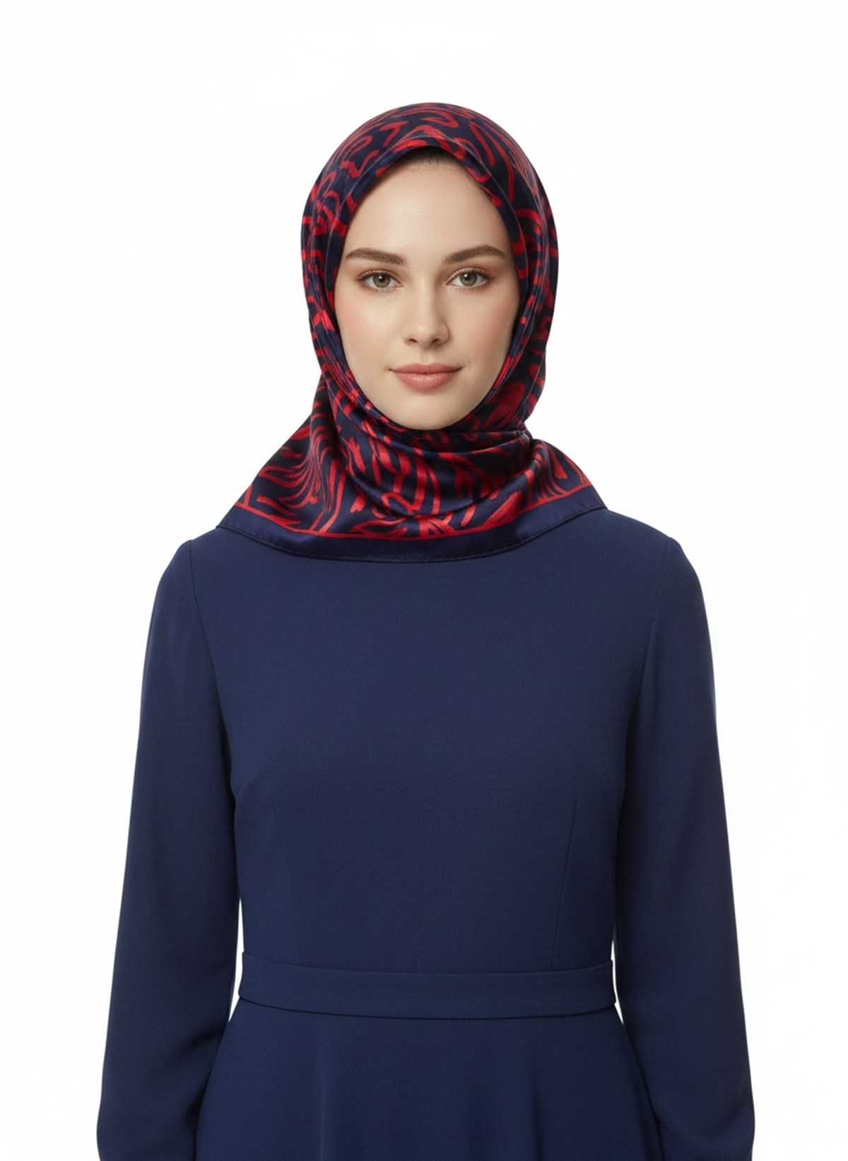 %100 Twill İpek Büyük Çiçek Desenli Lacivert - Kırmızı Renkli 90x90 Eşarp Dikim Şekli : El Dikişi