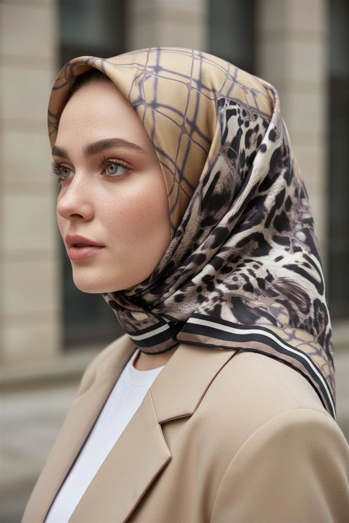 %100 Twill İpek Leopar Desenli Bej Renkli 90x90 Eşarp Dikim Şekli : El Dikişi