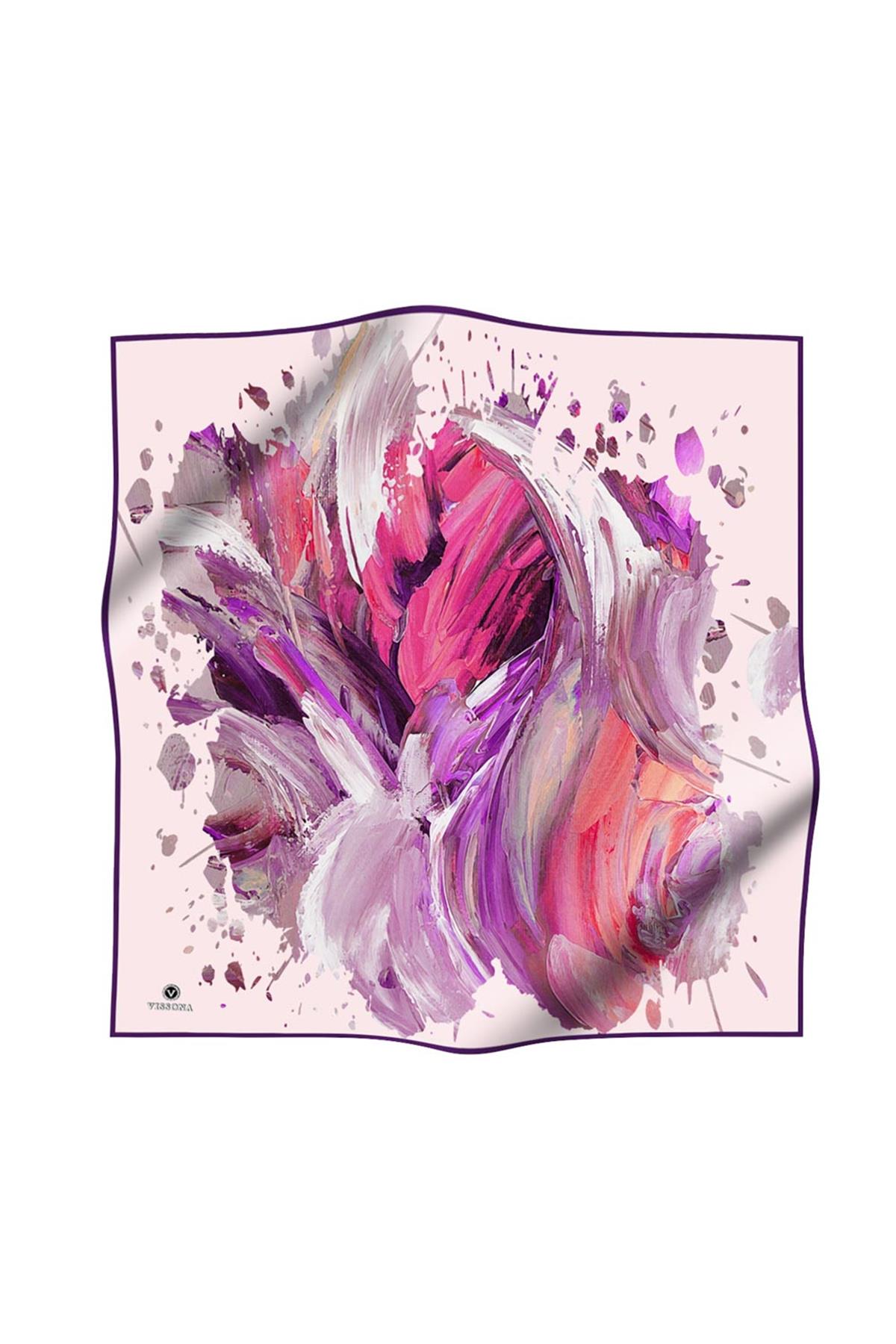 %100 Twill İpek Fırça Darbesi Desenli Mor - Pembe Renkli 90x90 Eşarp Dikim Şekli : El Dikişi